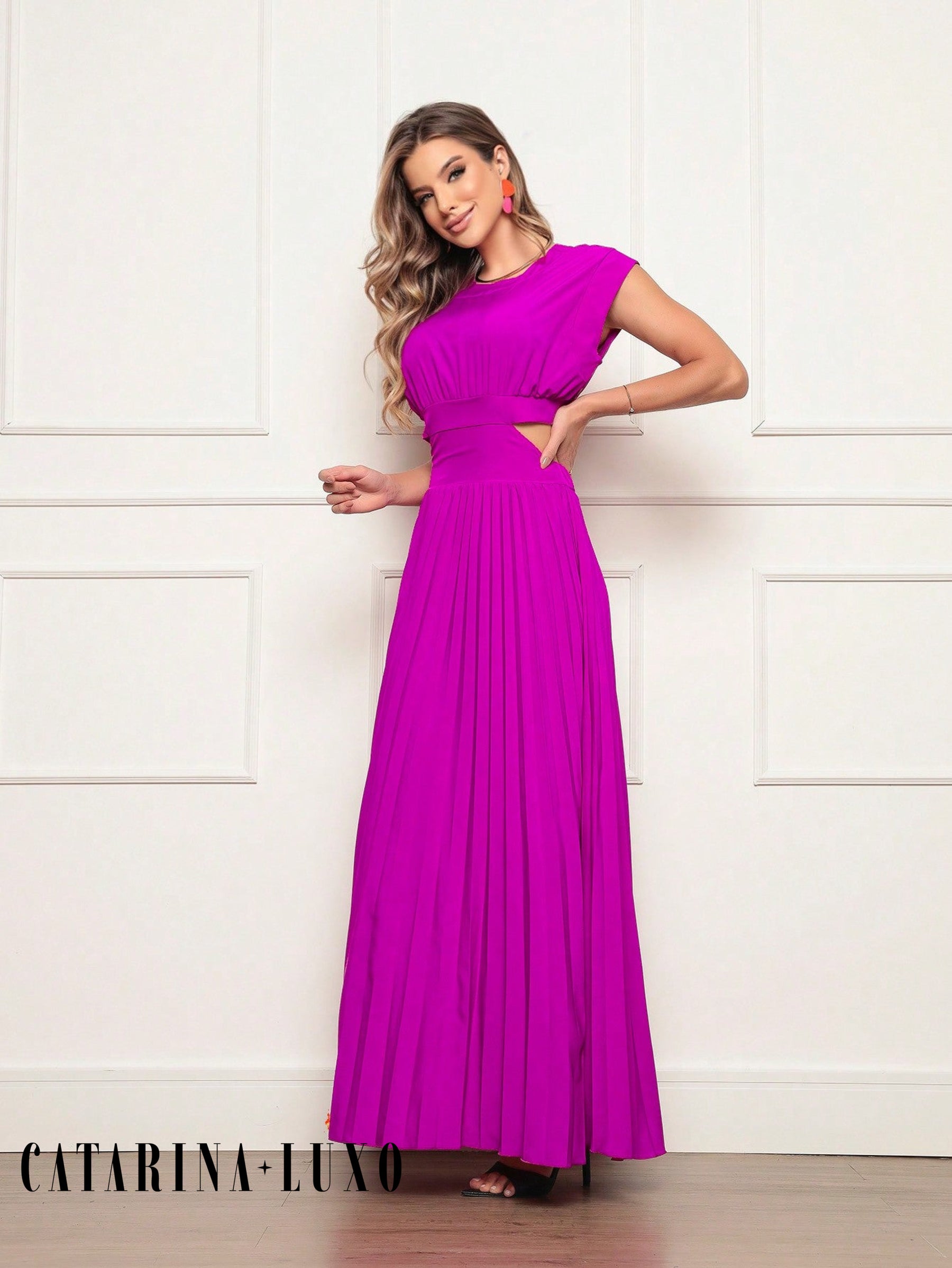 Vestido Longo Crepinho Acinturado Poliana Fúcsia / P Vestidos Longos Femininos