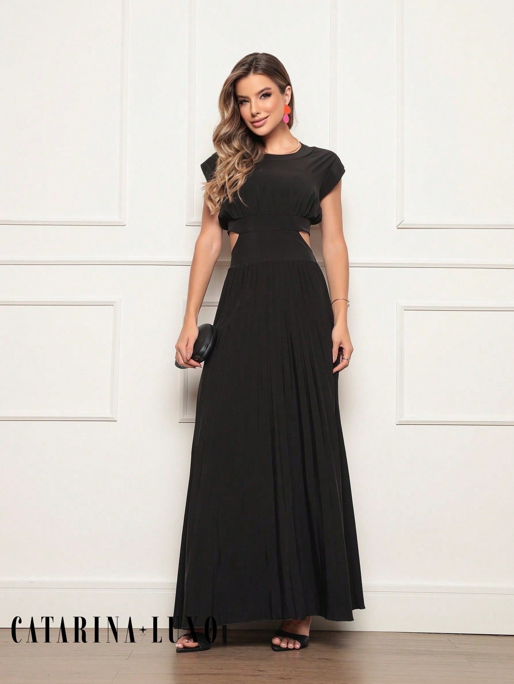 Vestido Longo Crepinho Acinturado Poliana Preto / P Vestidos Longos Femininos