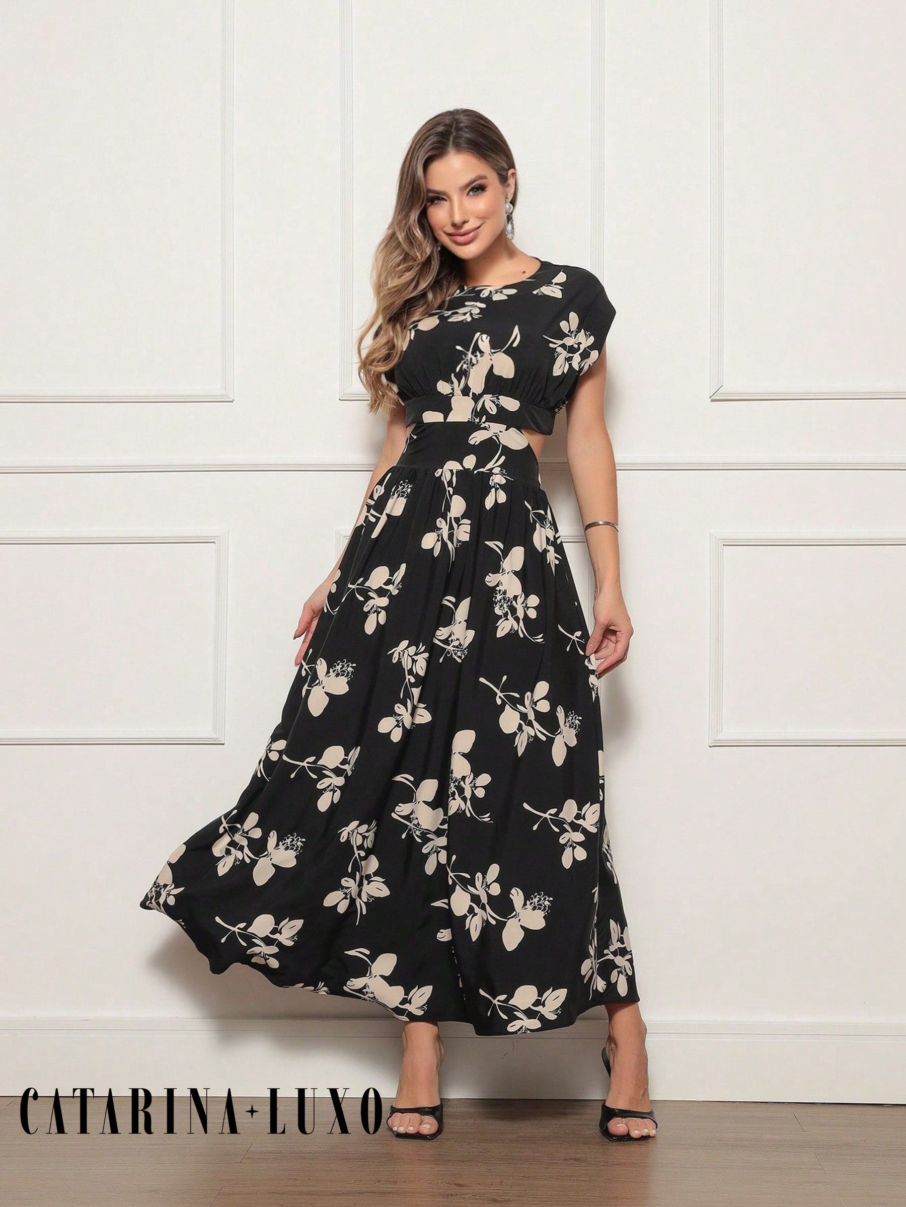 Vestido Longo Floral Luxo Milena Preto / P Vestidos Longos Femininos