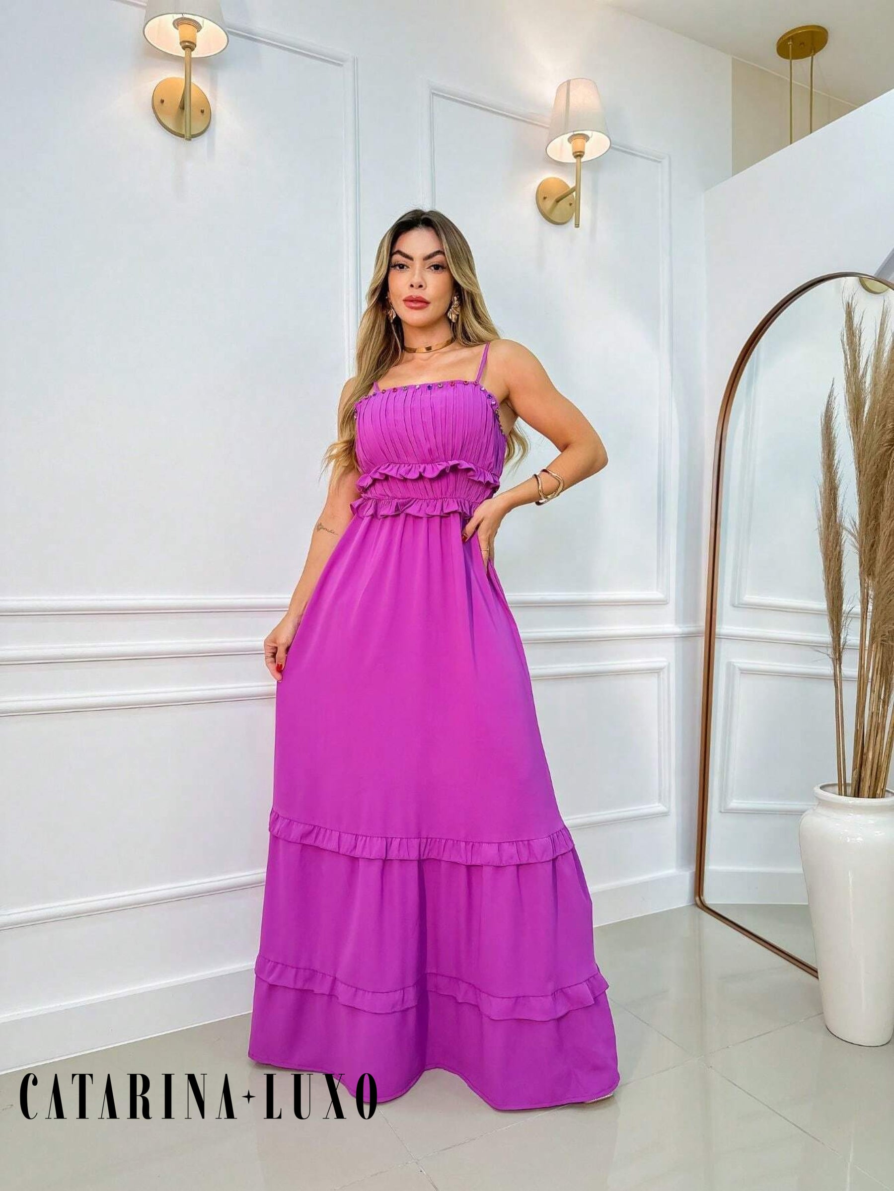 Vestido Longo Franzido Com Babado Isabela Roxo / P