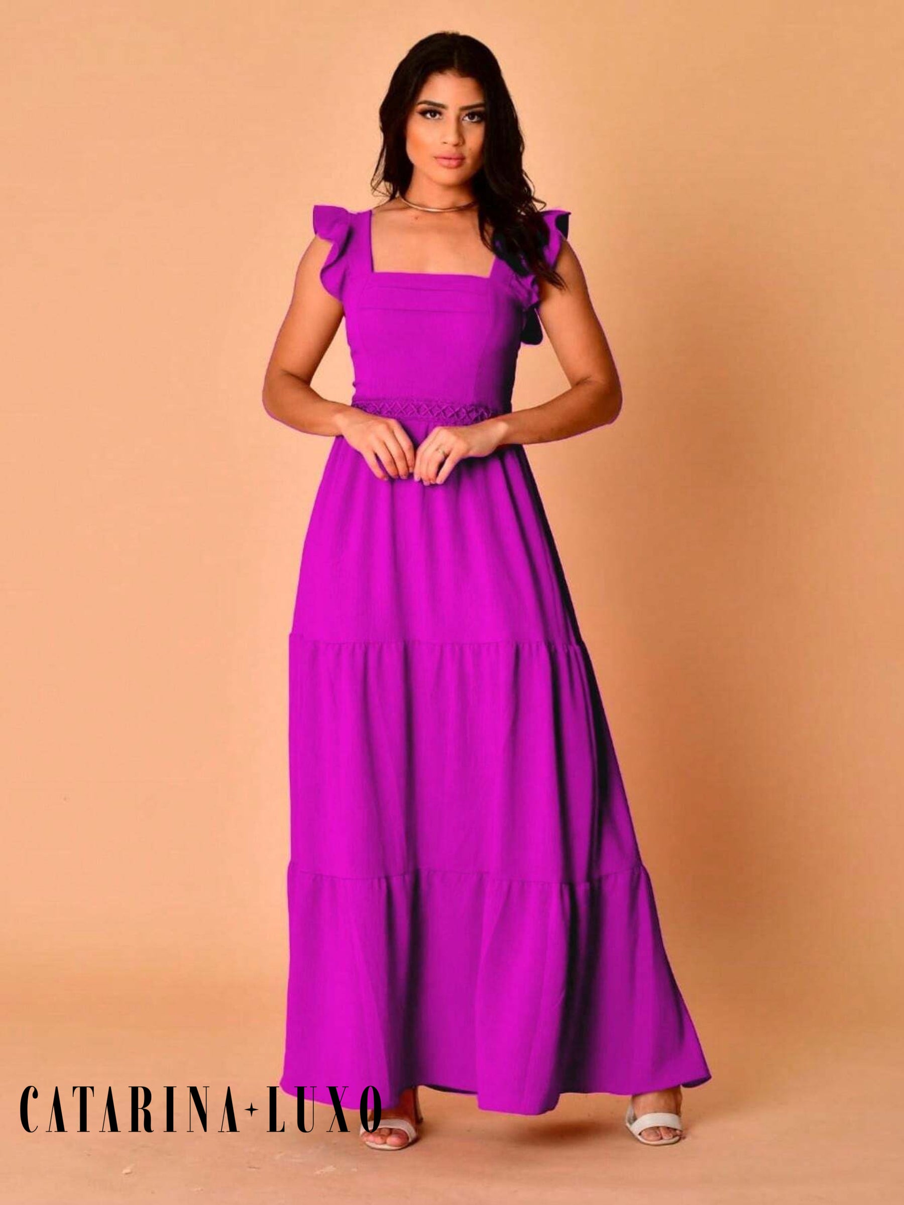 Vestido Longo Franzido Com Gola Quadrada Rafaela