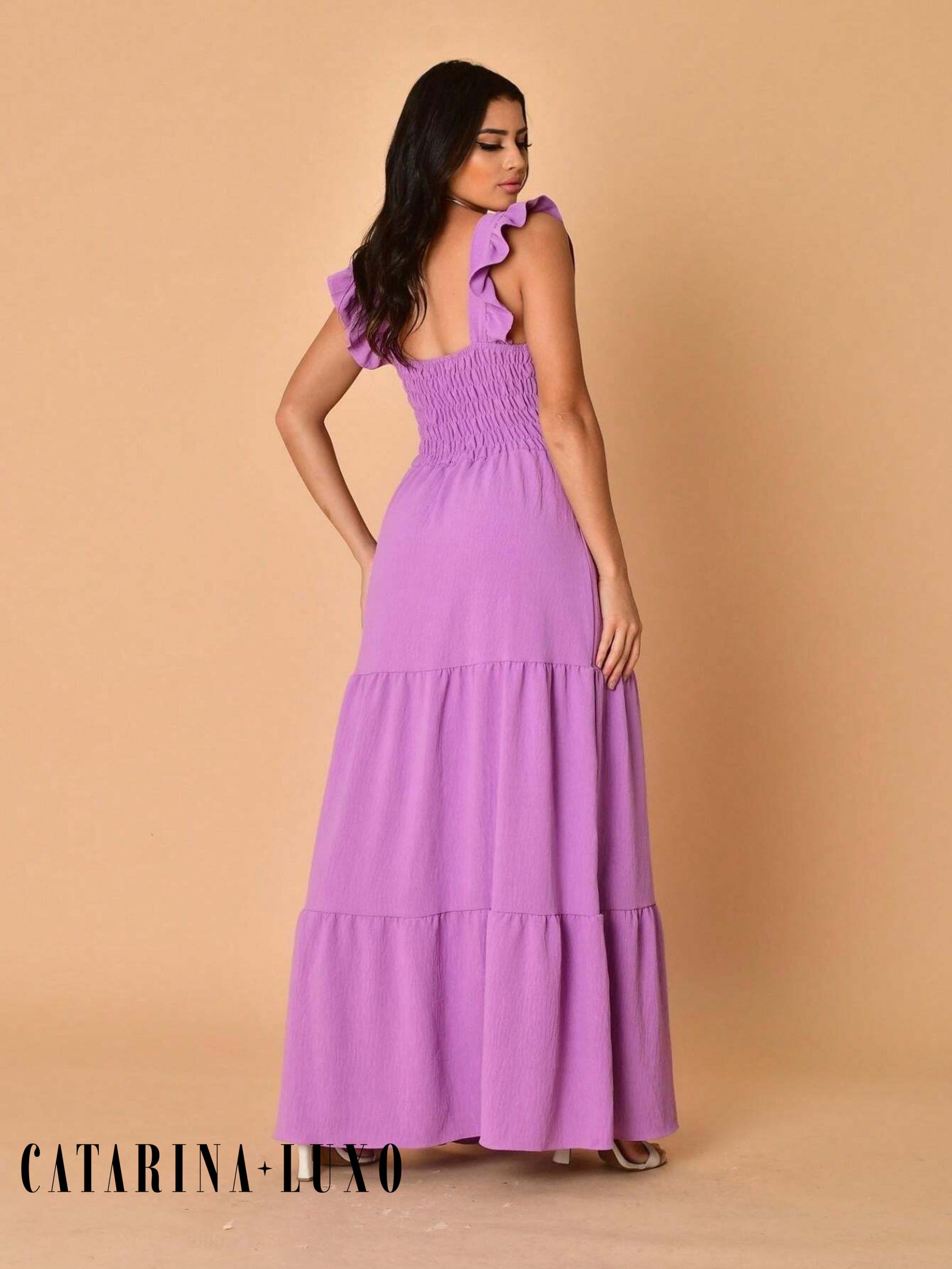 Vestido Longo Franzido Com Gola Quadrada Rafaela