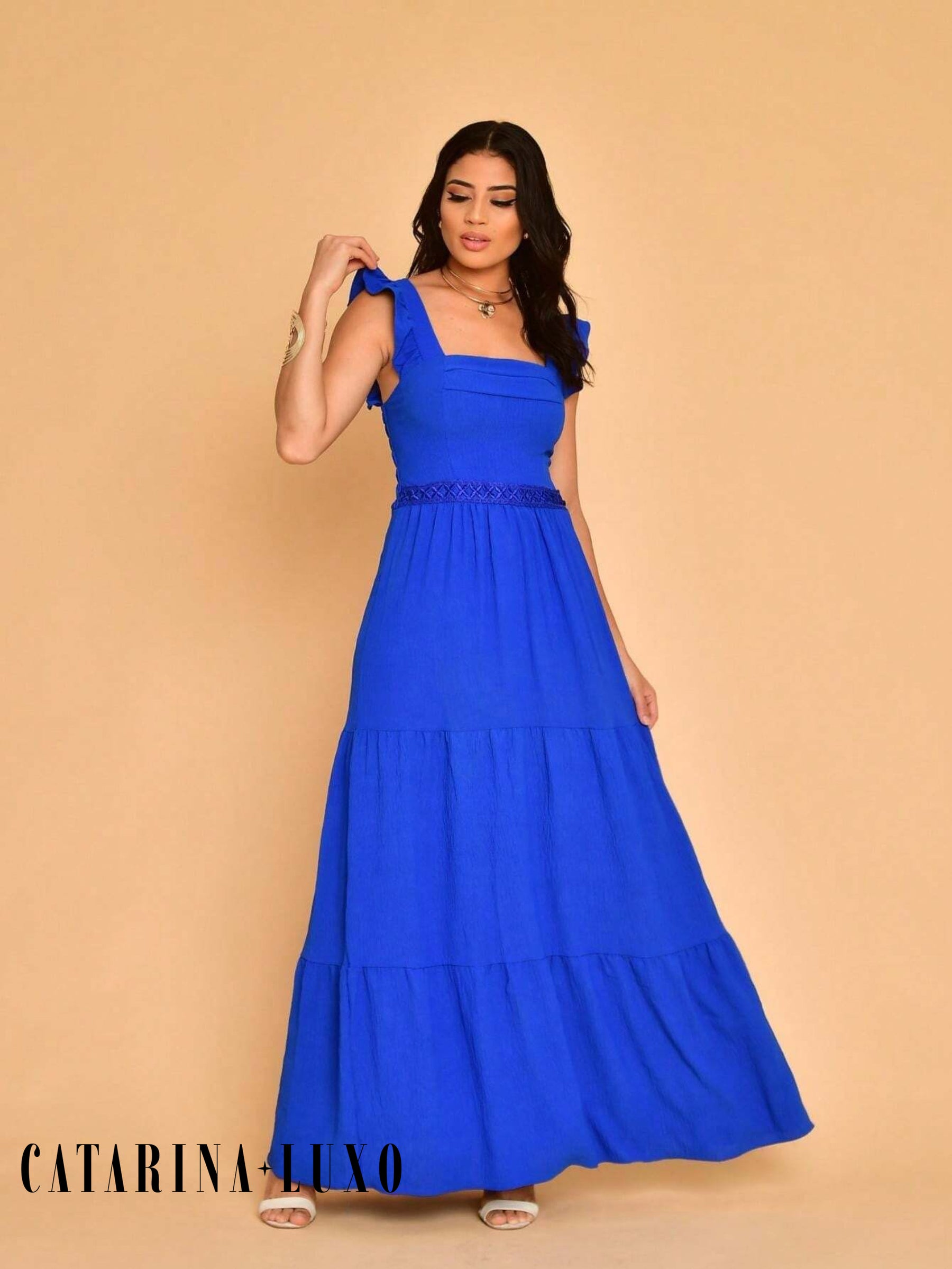 Vestido Longo Franzido Com Gola Quadrada Rafaela