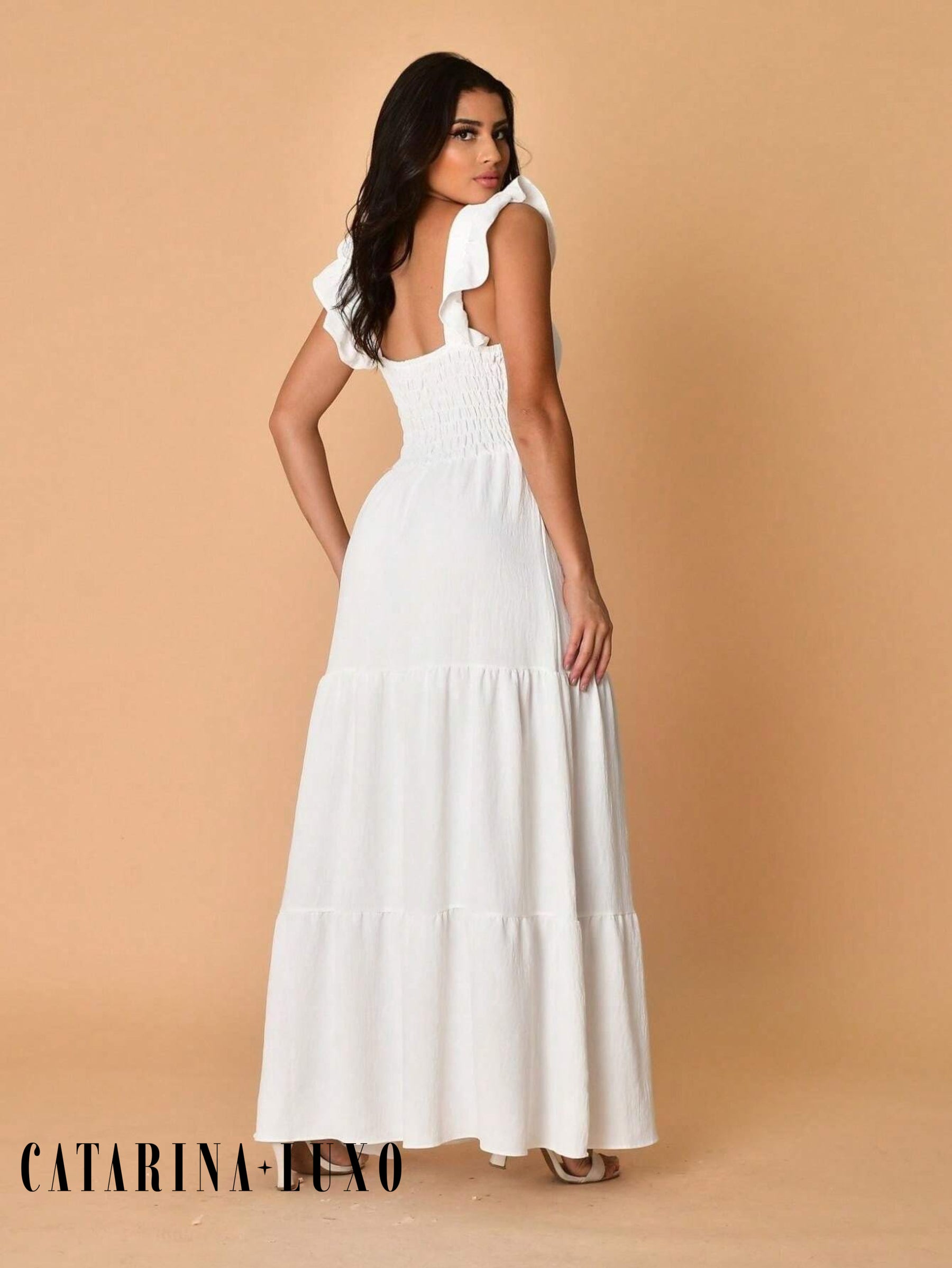 Vestido Longo Franzido Com Gola Quadrada Rafaela