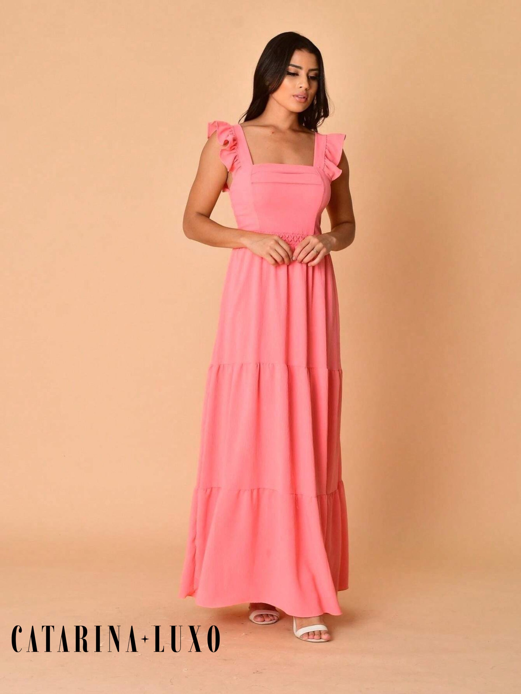 Vestido Longo Franzido Com Gola Quadrada Rafaela
