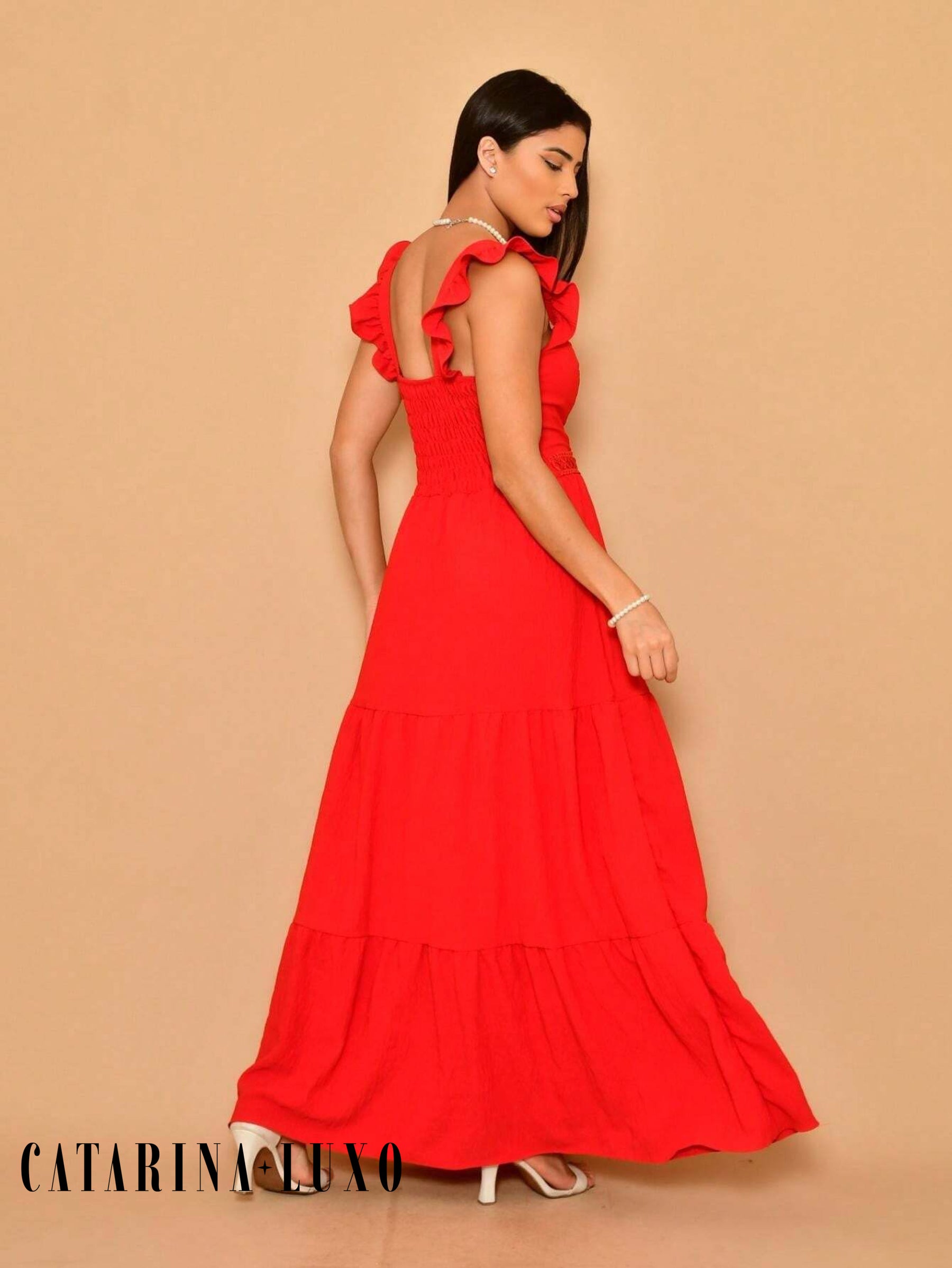 Vestido Longo Franzido Com Gola Quadrada Rafaela