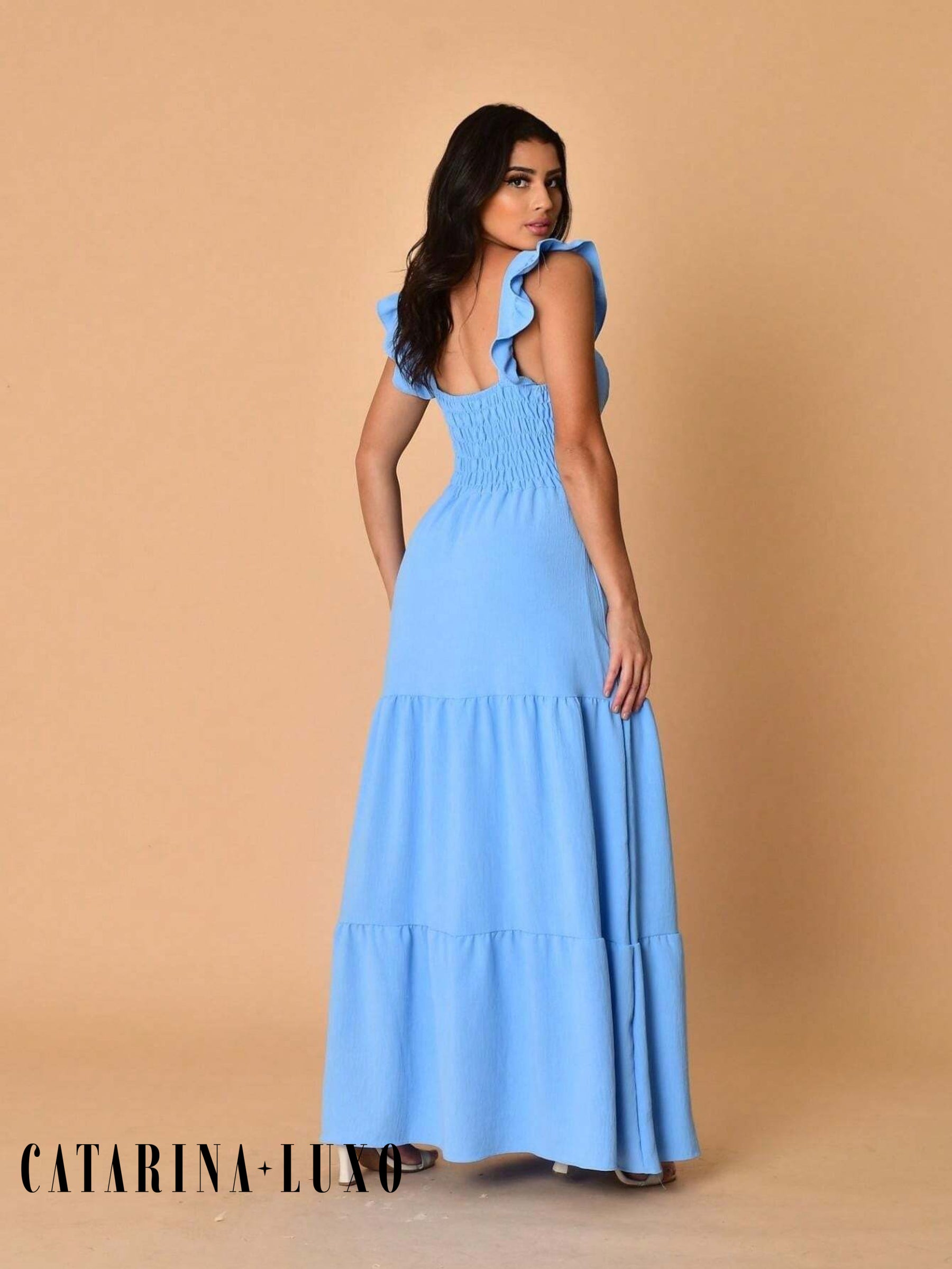 Vestido Longo Franzido Com Gola Quadrada Rafaela