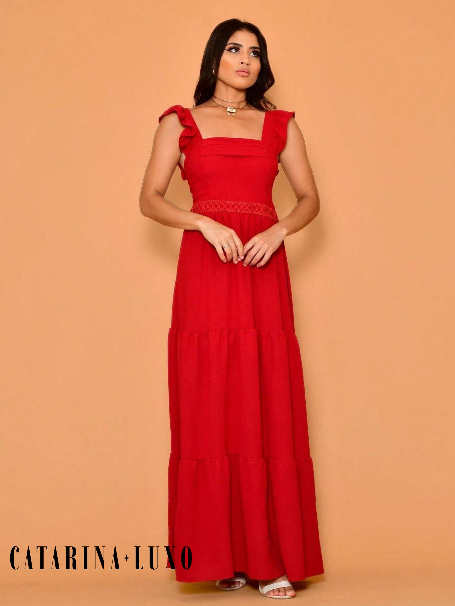 Vestido Longo Franzido Com Gola Quadrada Rafaela