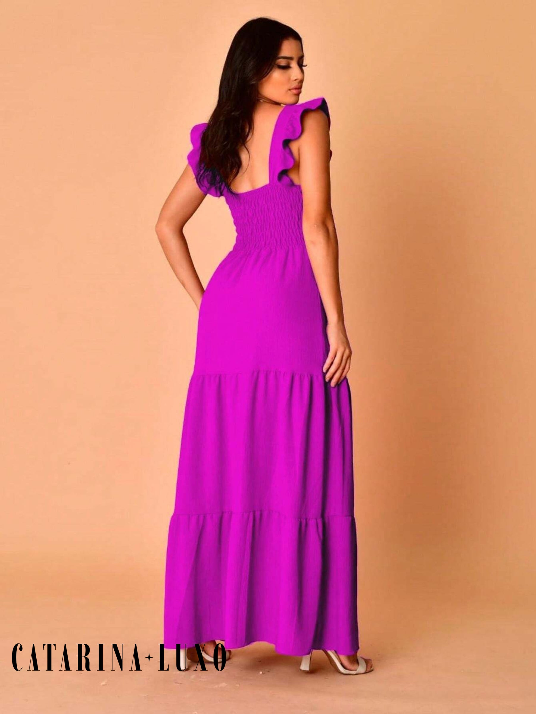 Vestido Longo Franzido Com Gola Quadrada Rafaela