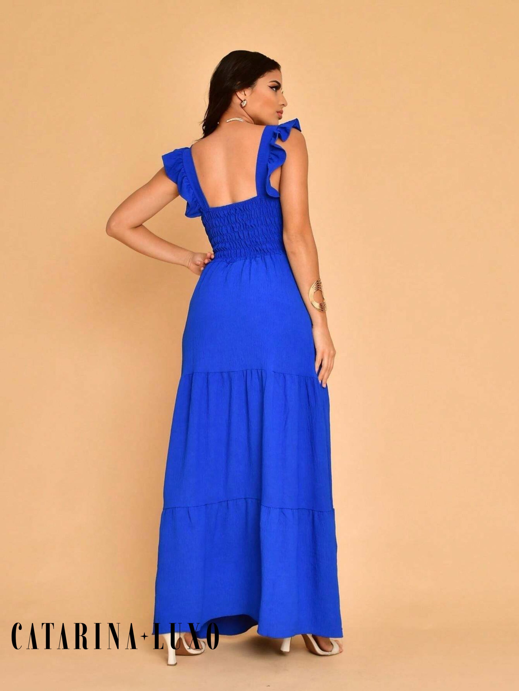 Vestido Longo Franzido Com Gola Quadrada Rafaela