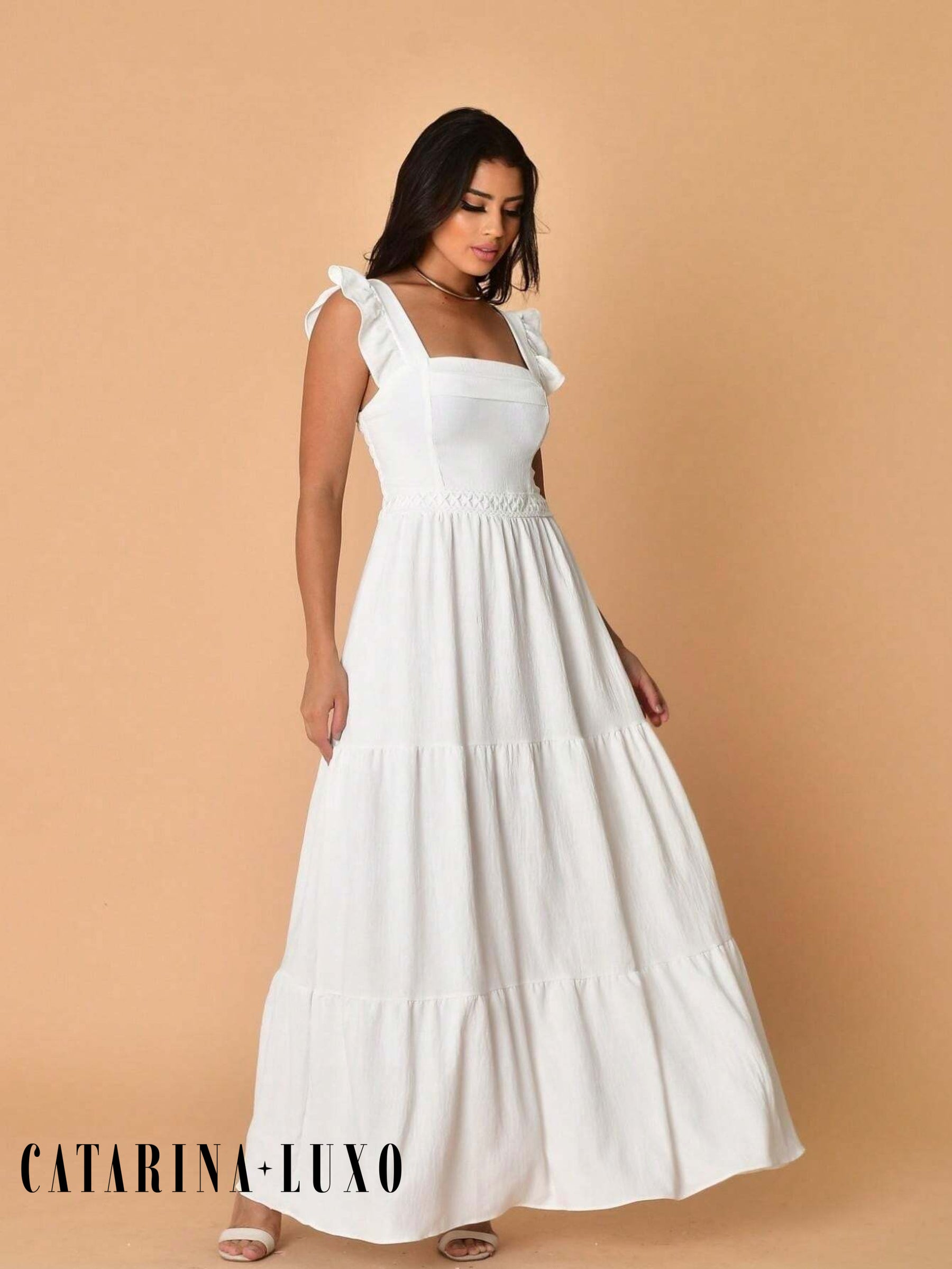 Vestido Longo Franzido Com Gola Quadrada Rafaela