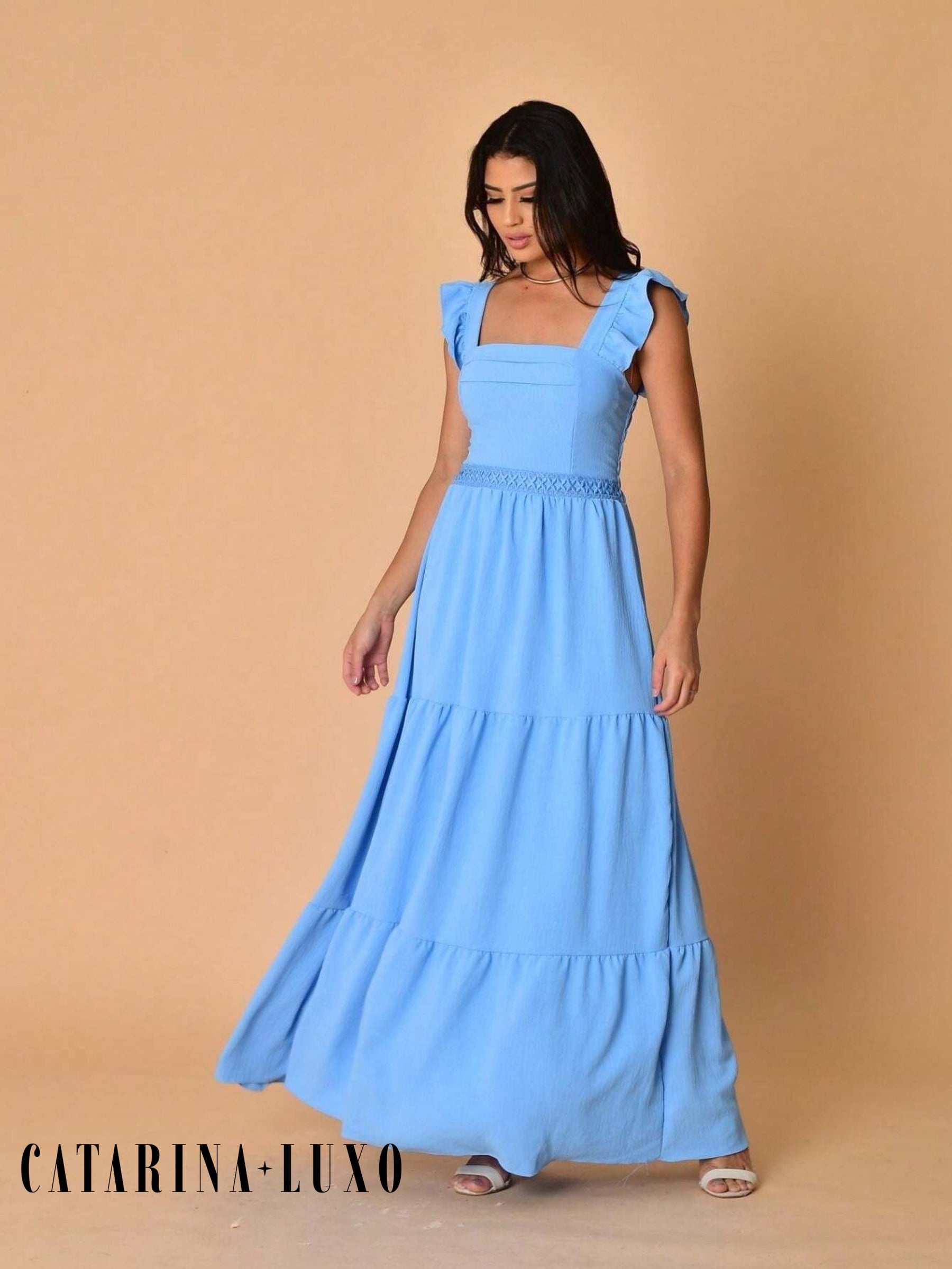 Vestido Longo Franzido Com Gola Quadrada Rafaela