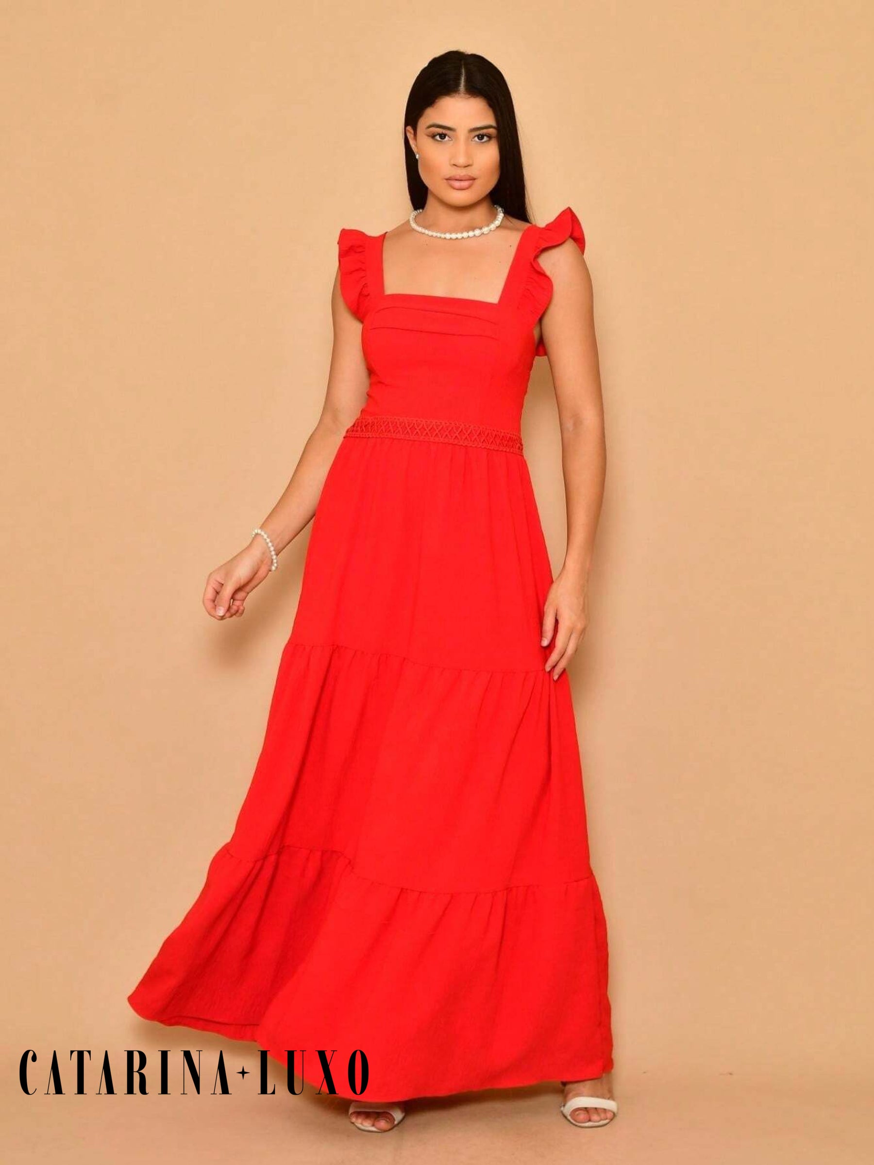Vestido Longo Franzido Com Gola Quadrada Rafaela