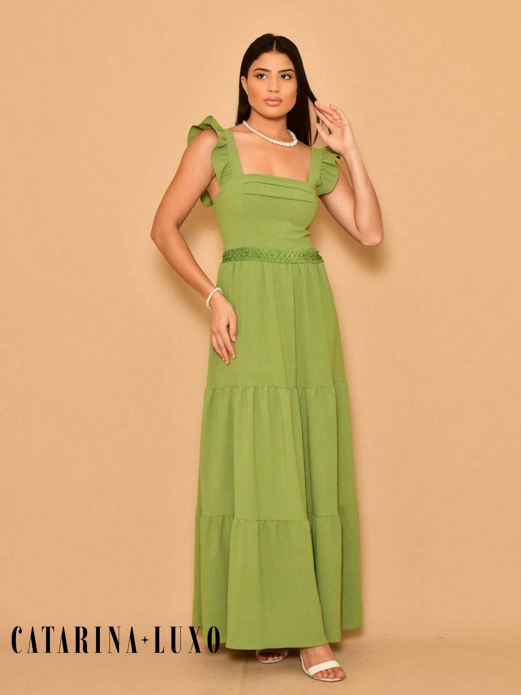 Vestido Longo Franzido Com Gola Quadrada Rafaela