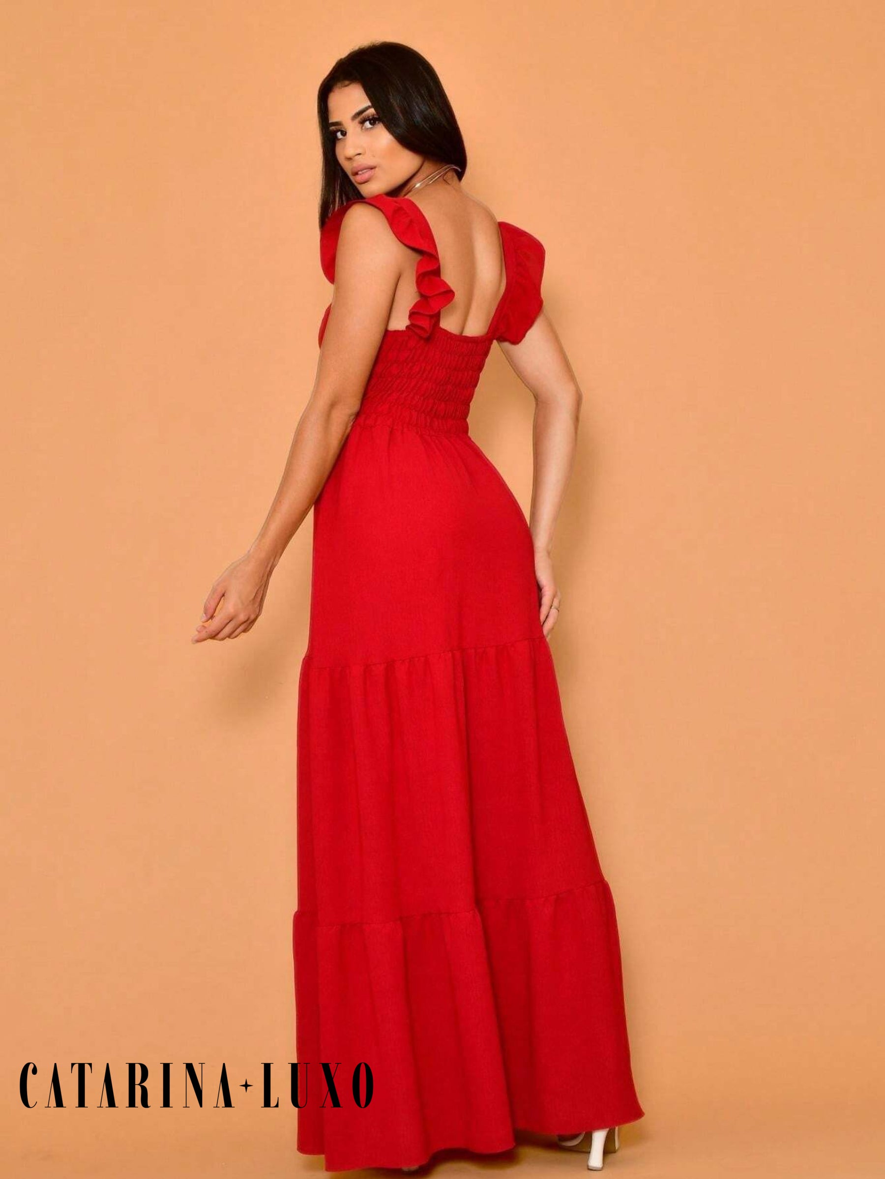Vestido Longo Franzido Com Gola Quadrada Rafaela