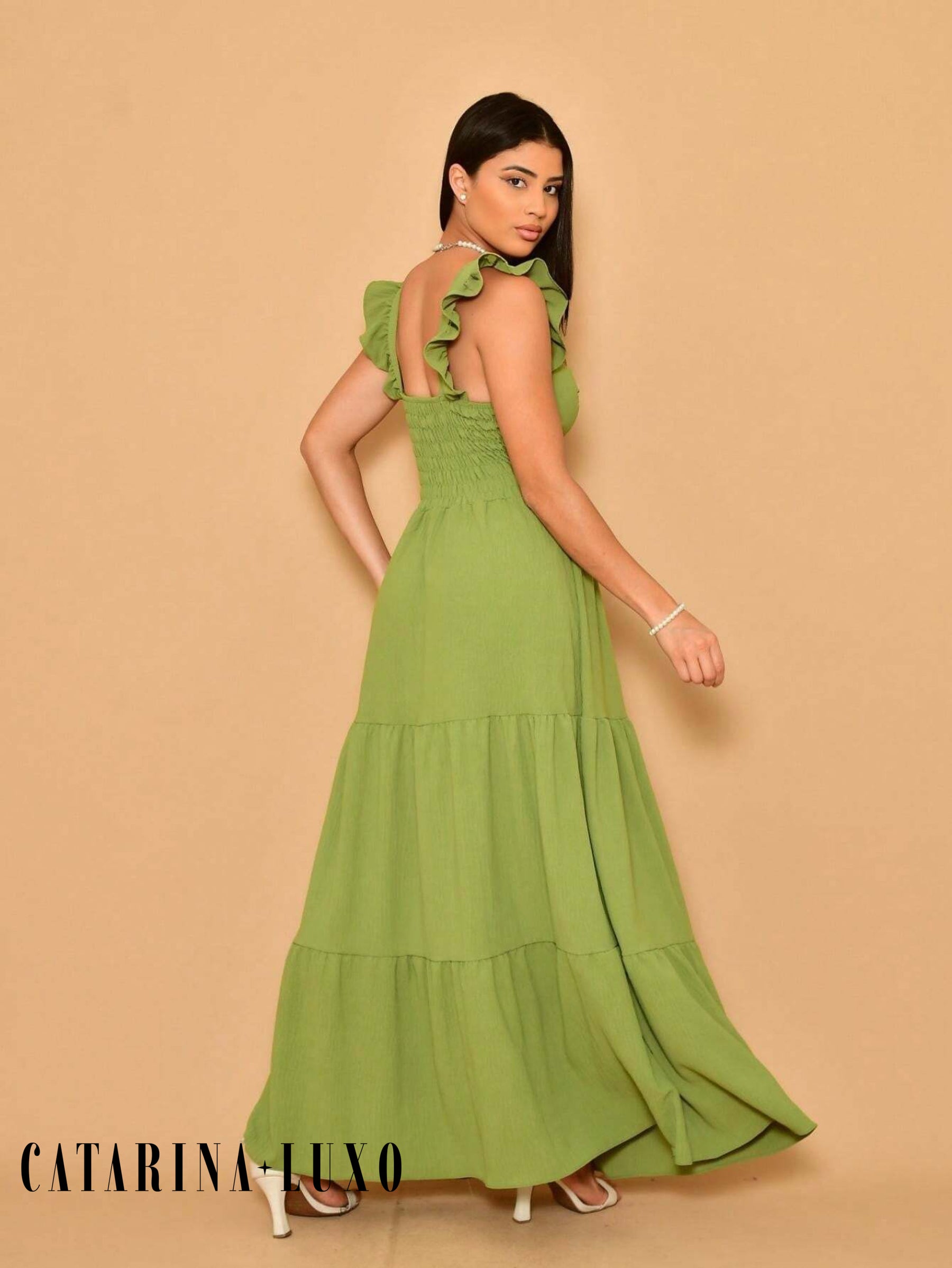 Vestido Longo Franzido Com Gola Quadrada Rafaela