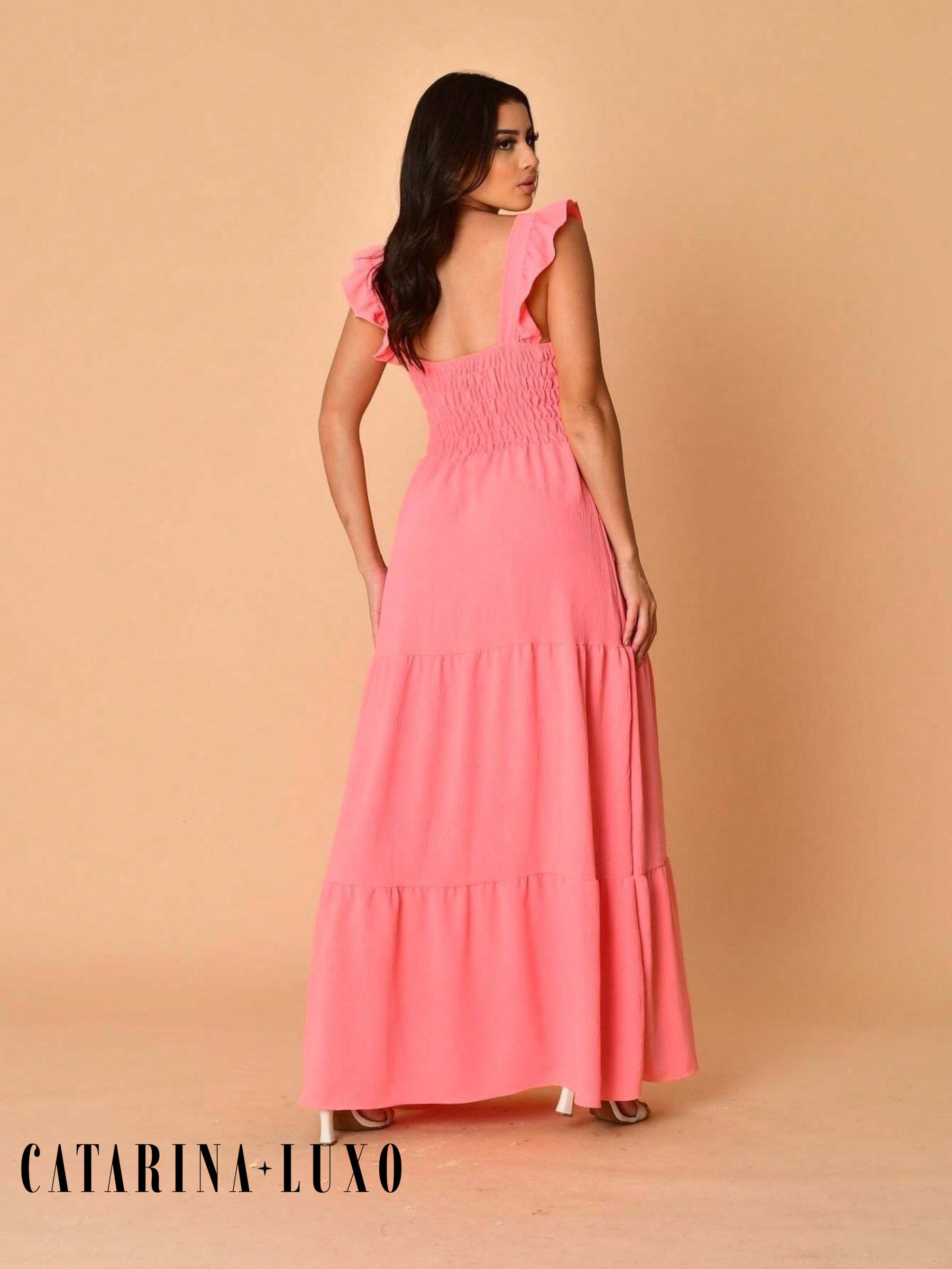 Vestido Longo Franzido Com Gola Quadrada Rafaela