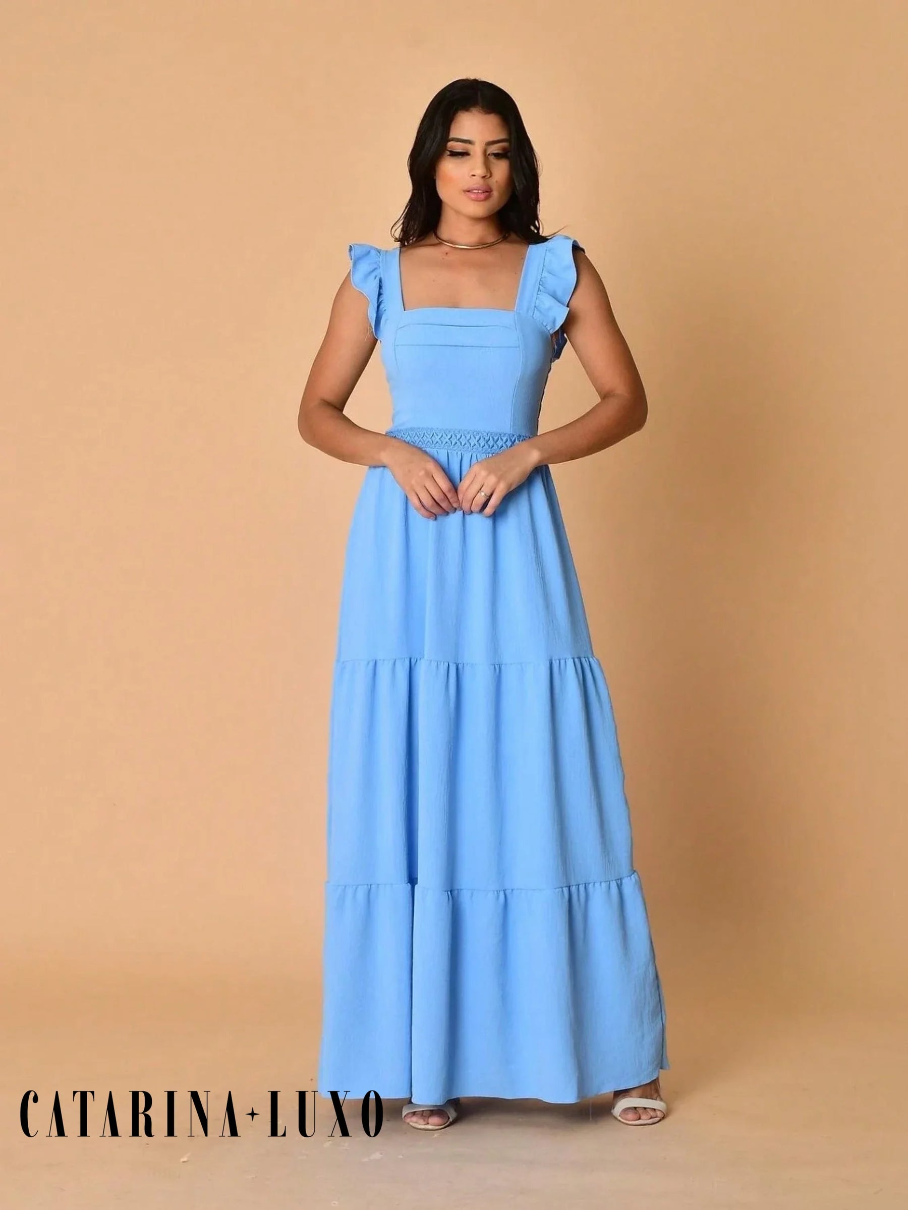 Vestido Longo Franzido Com Gola Quadrada Rafaela Azul Bebê / P