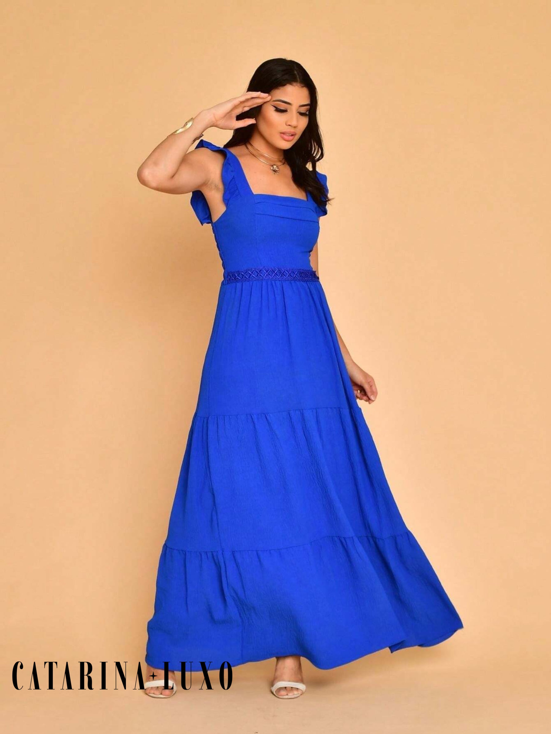 Vestido Longo Franzido Com Gola Quadrada Rafaela Azul Royal / P