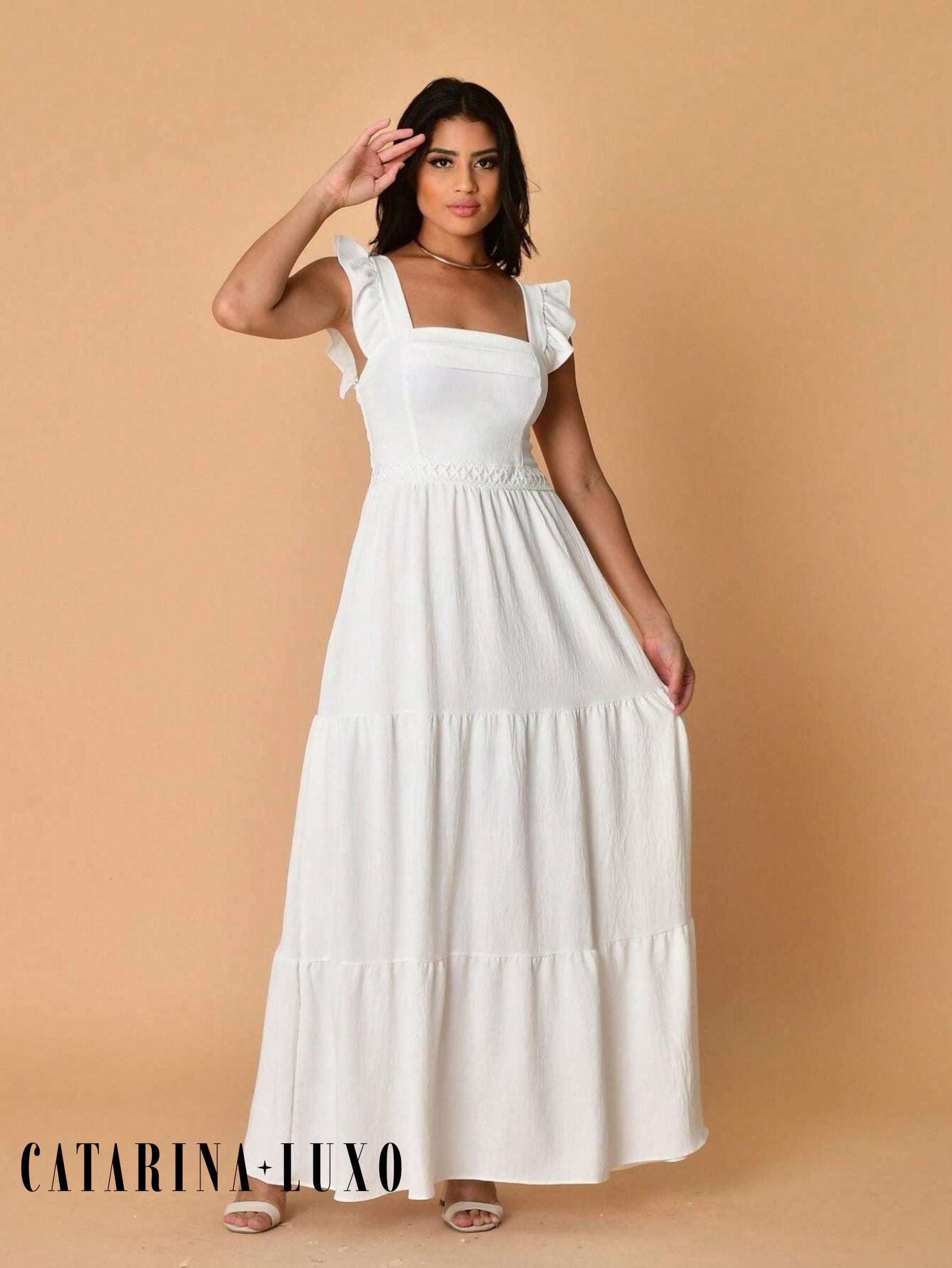 Vestido Longo Franzido Com Gola Quadrada Rafaela Branco / P