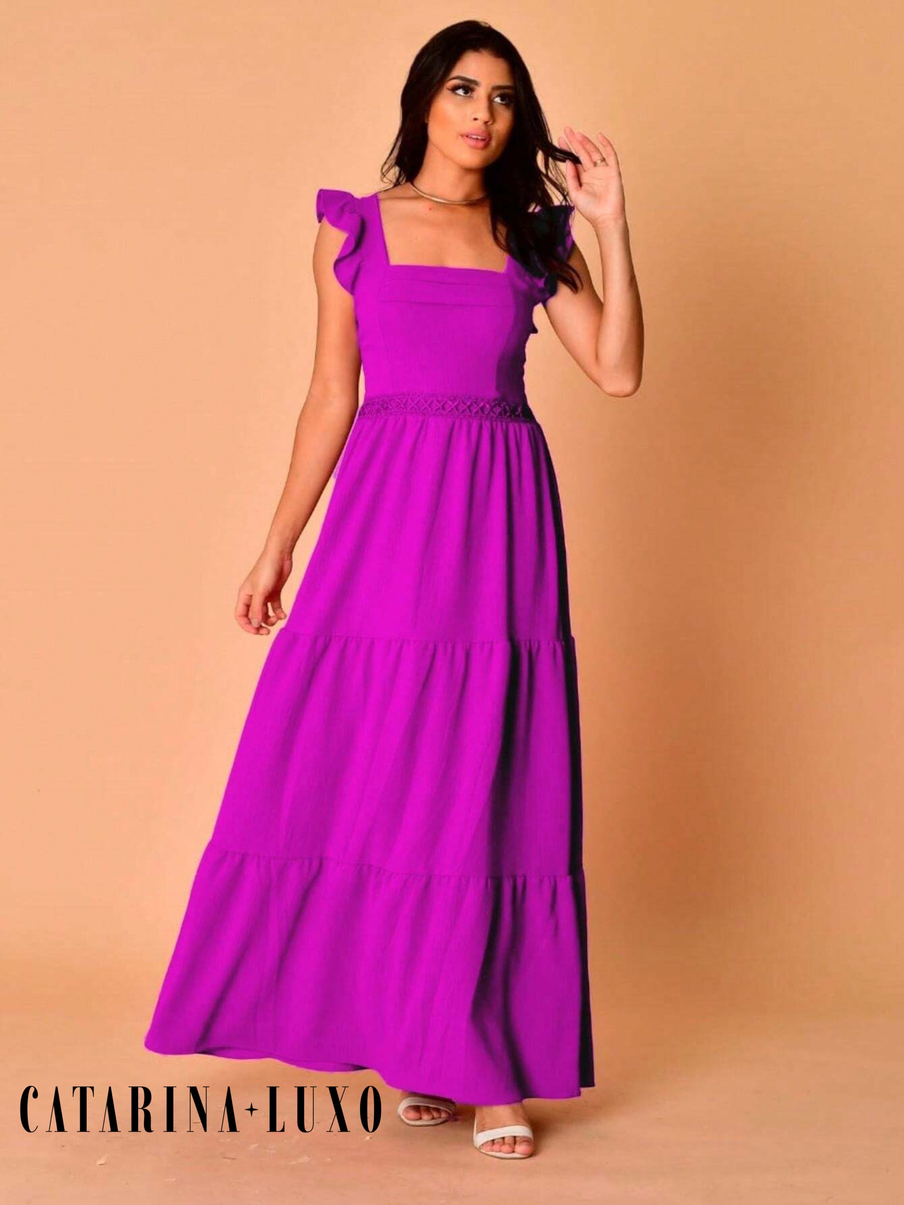 Vestido Longo Franzido Com Gola Quadrada Rafaela Fúcsia / P