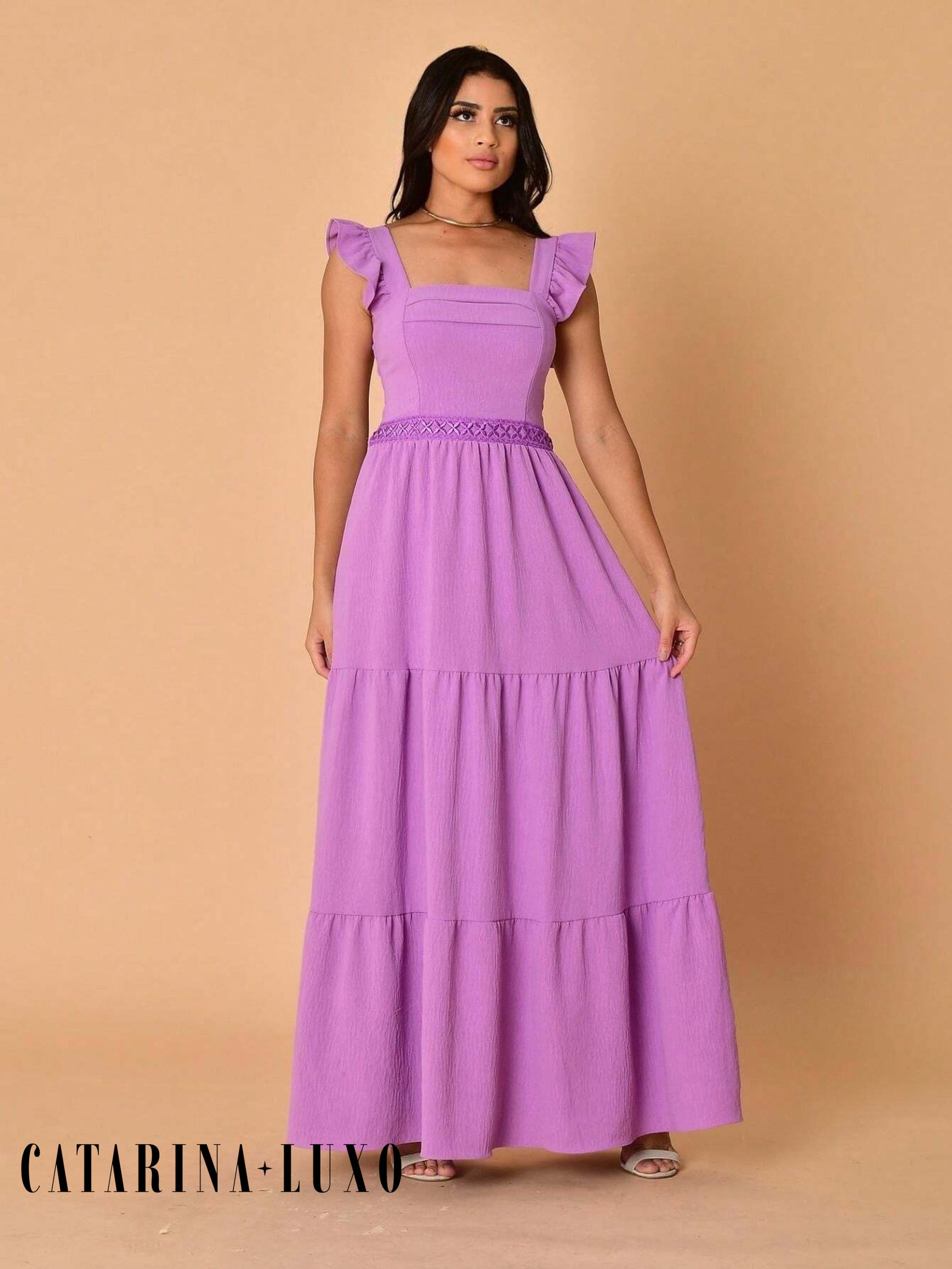 Vestido Longo Franzido Com Gola Quadrada Rafaela Lavanda / P