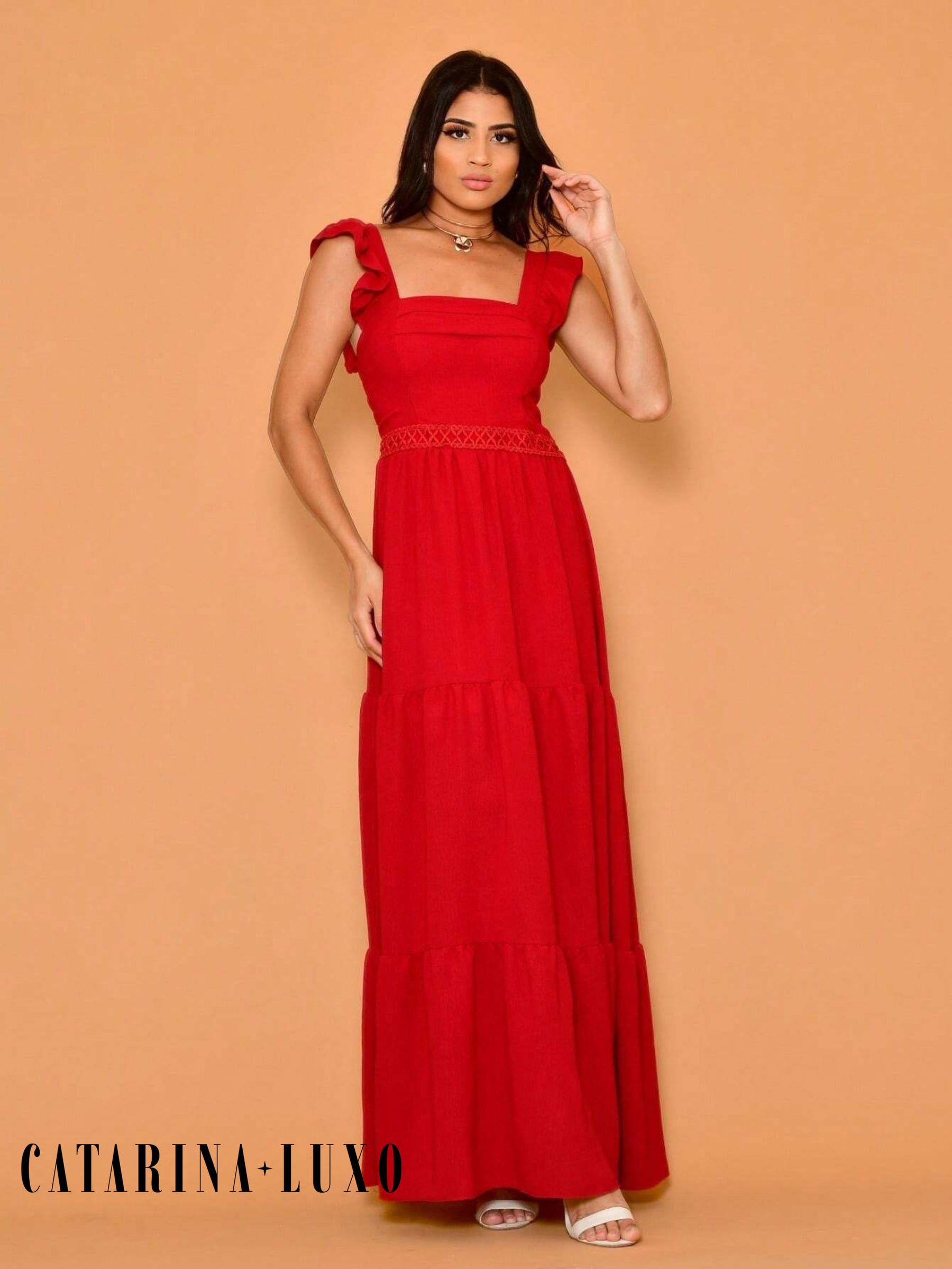 Vestido Longo Franzido Com Gola Quadrada Rafaela Marsala / P