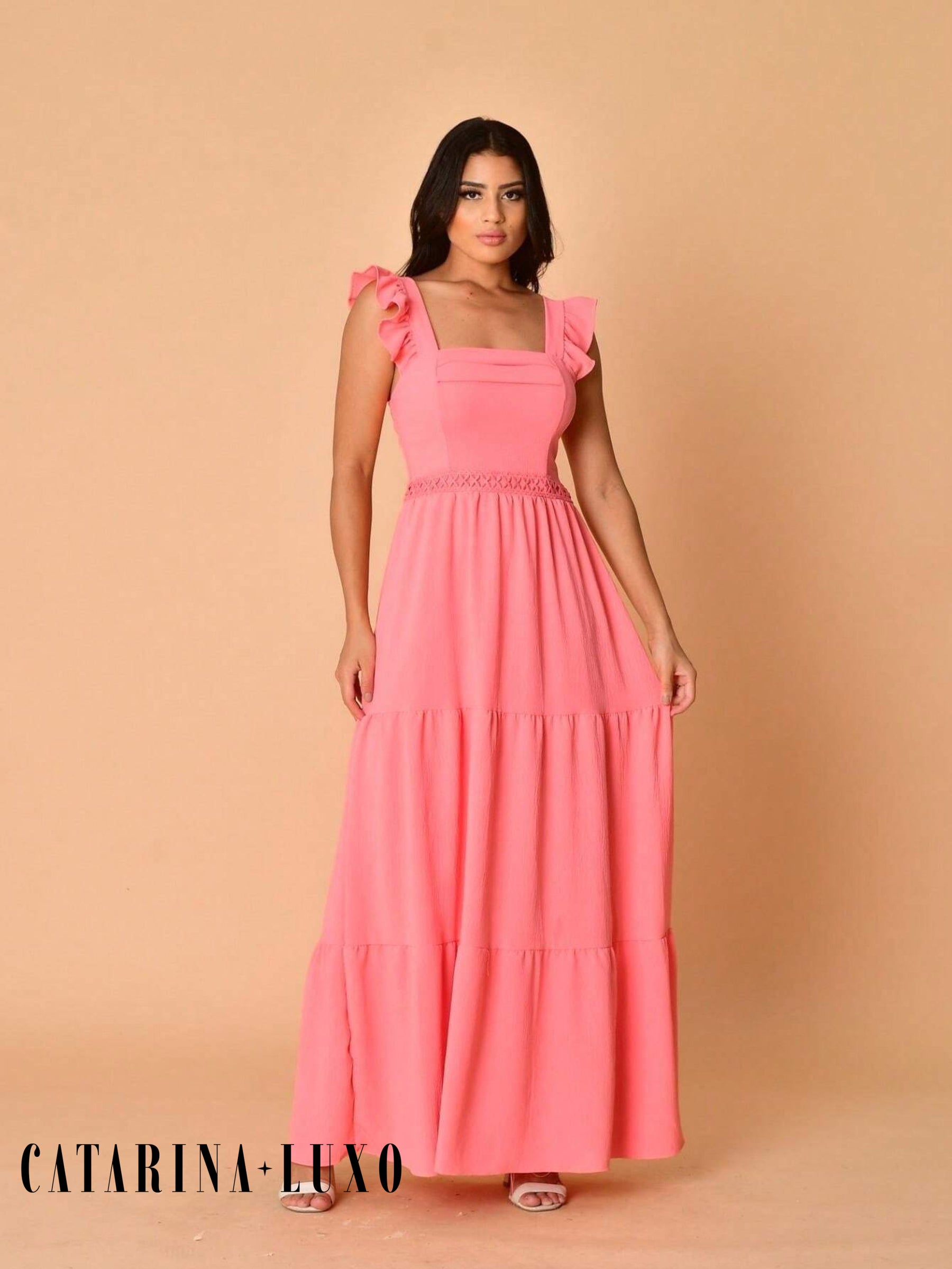 Vestido Longo Franzido Com Gola Quadrada Rafaela Rosa Chiclete / P