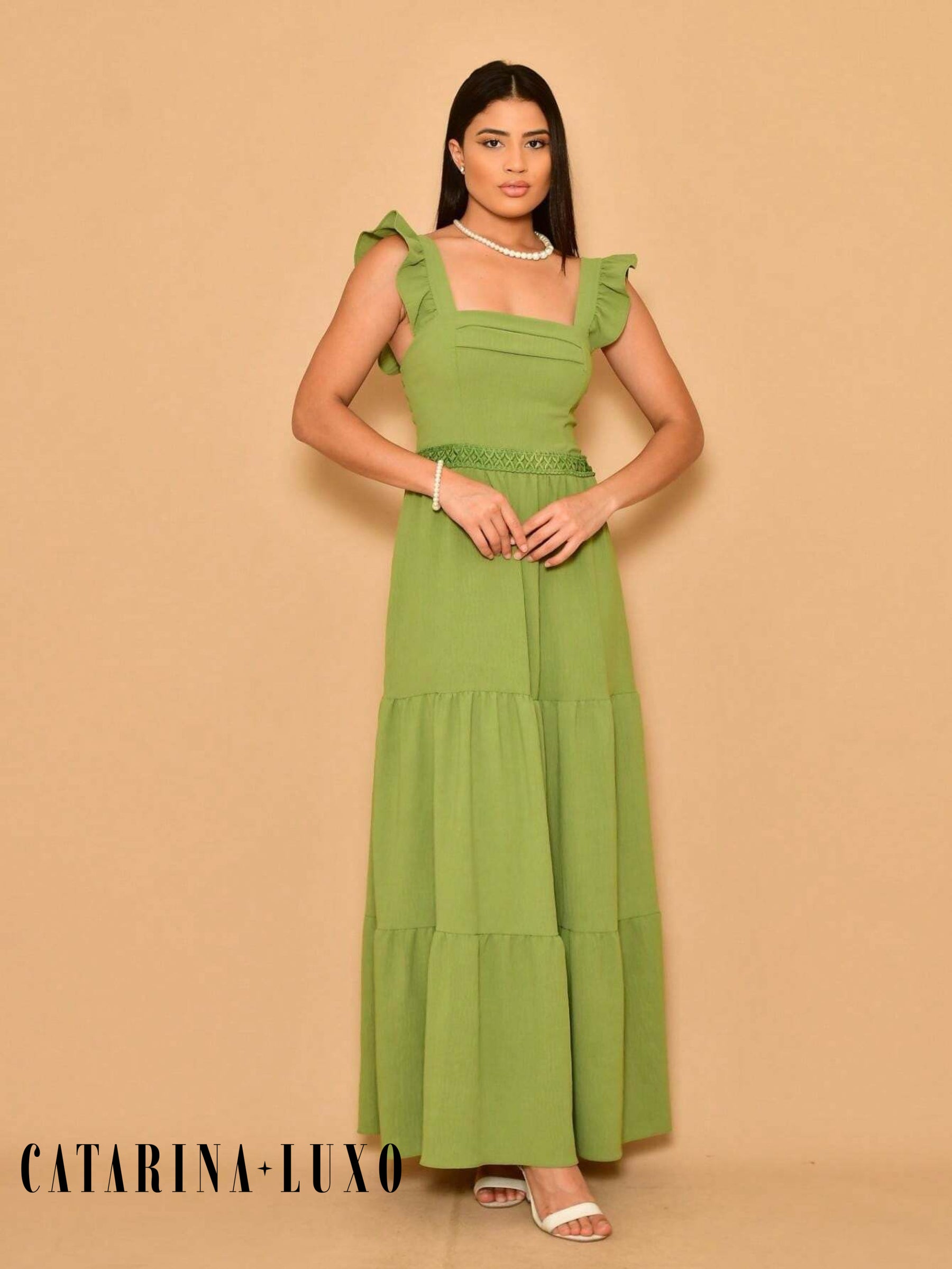 Vestido Longo Franzido Com Gola Quadrada Rafaela Verde Oliva / P