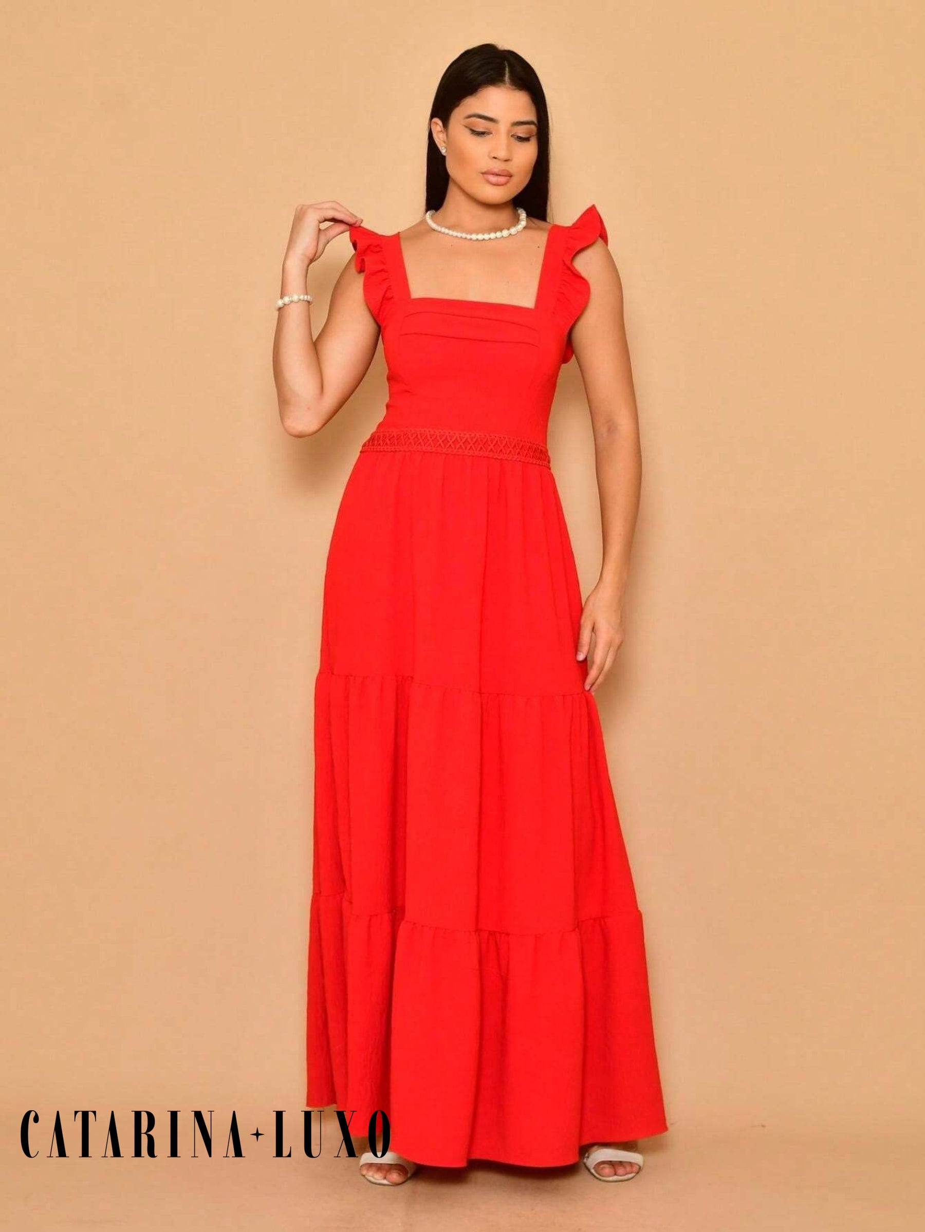 Vestido Longo Franzido Com Gola Quadrada Rafaela Vermelho / P