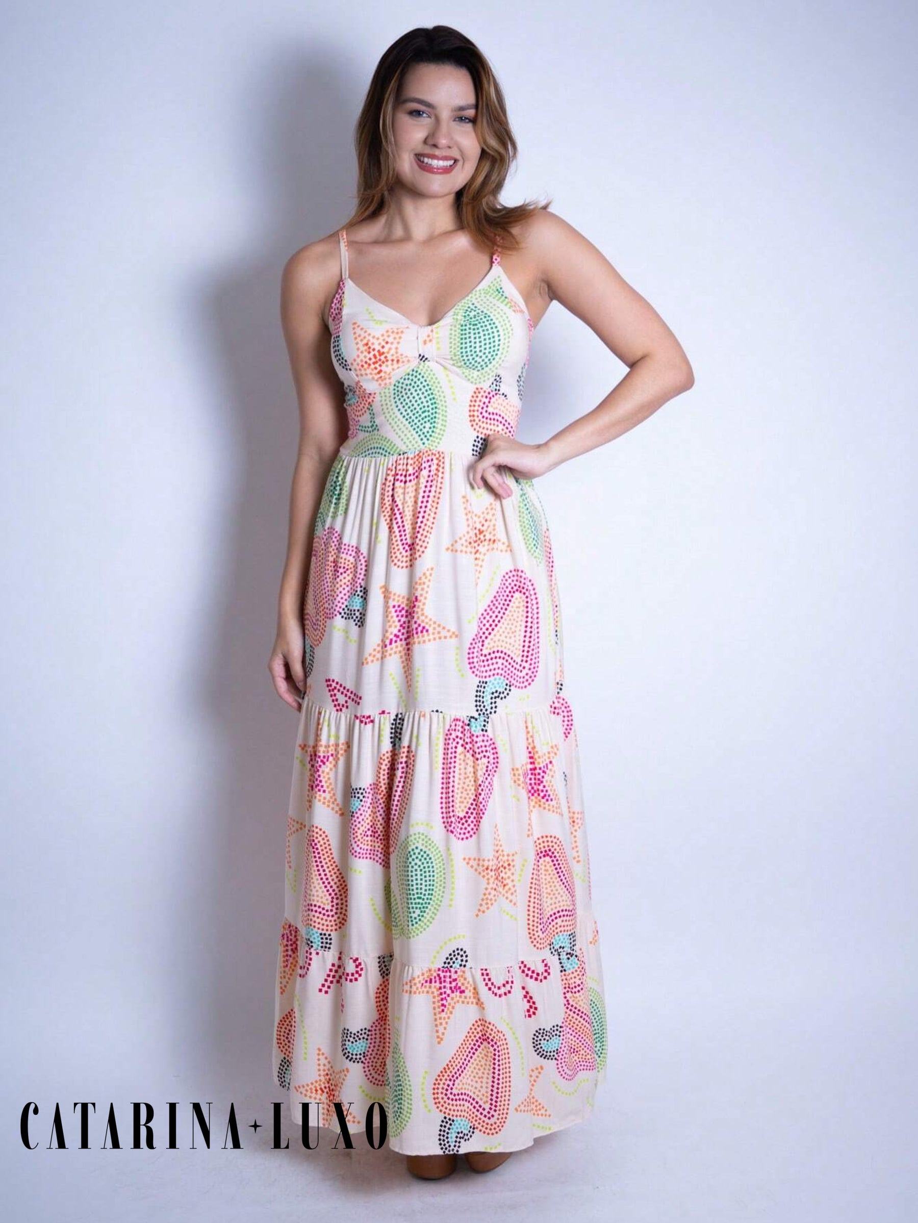 Vestido Longo Franzido Estampado Esther Pêssego / P
