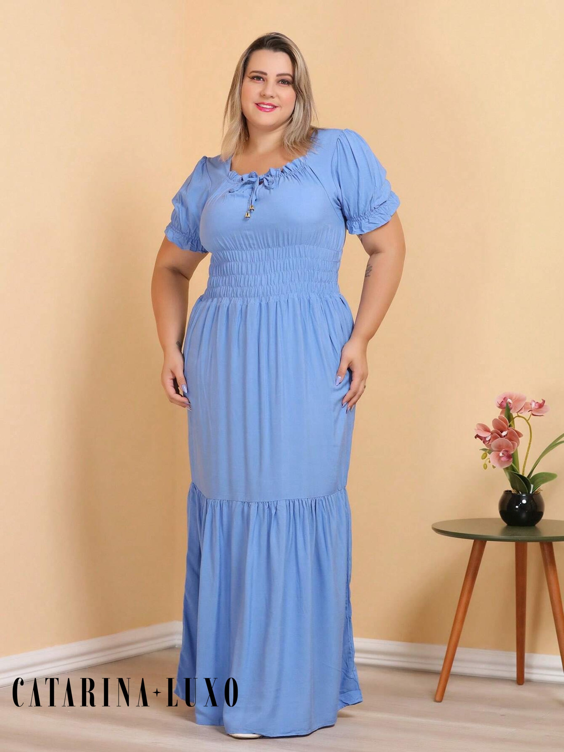Vestido Longo Manga Bufante Com Babado Plus Size Taís