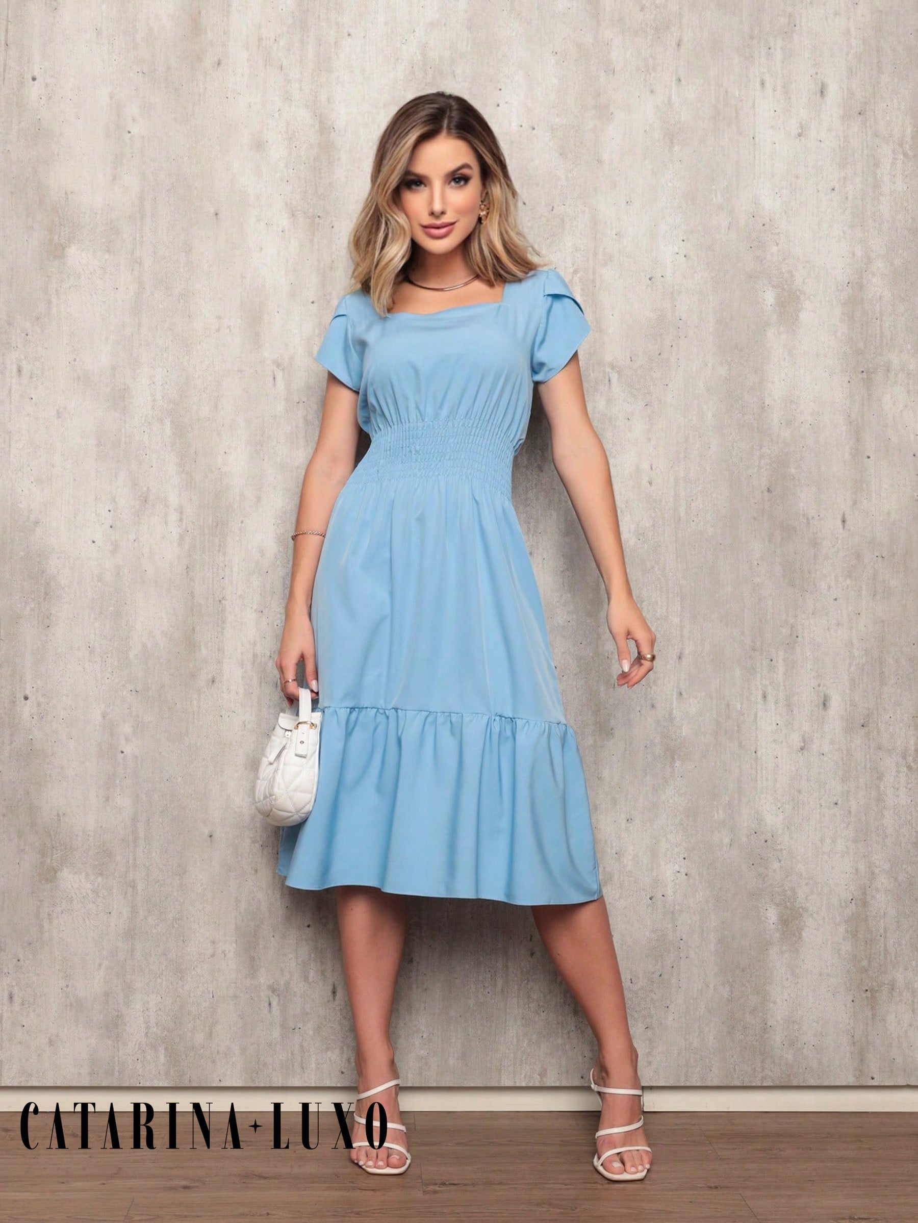 Vestido Plissado Caimento Solto Milena Azul Bebê / P Vestidos Midi Femininos