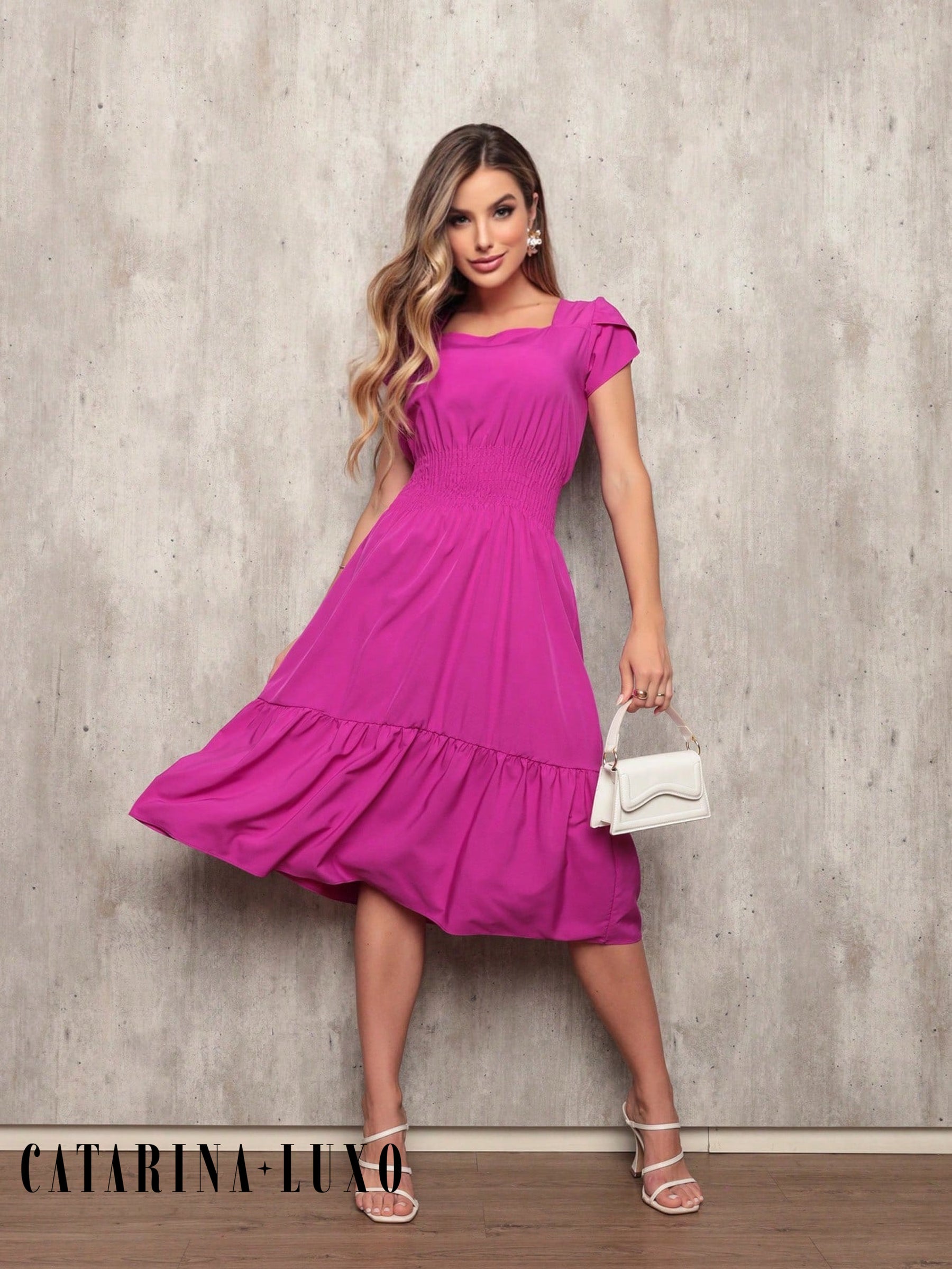 Vestido Plissado Caimento Solto Milena Fúcsia / P Vestidos Midi Femininos