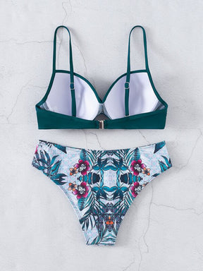Conjunto de Maiô Bikini feminino para o verão com top sem alças cruzado à frente e Bottom de Maiô Bikini imprimido com plantas tropicais, roupa de banho, impressão aleatória