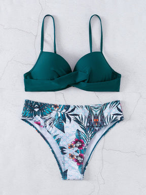 Conjunto de Maiô Bikini feminino para o verão com top sem alças cruzado à frente e Bottom de Maiô Bikini imprimido com plantas tropicais, roupa de banho, impressão aleatória