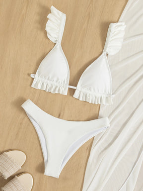 SHEIN Swim Conjunto de biquíni sólido acabamento de folho top & atrevido de baixo & saia de praia 3 peças roupa de banho
