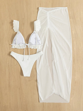 SHEIN Swim Conjunto de biquíni sólido acabamento de folho top & atrevido de baixo & saia de praia 3 peças roupa de banho