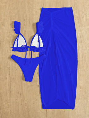 SHEIN Swim Conjunto de biquíni sólido acabamento de folho top & atrevido de baixo & saia de praia 3 peças roupa de banho