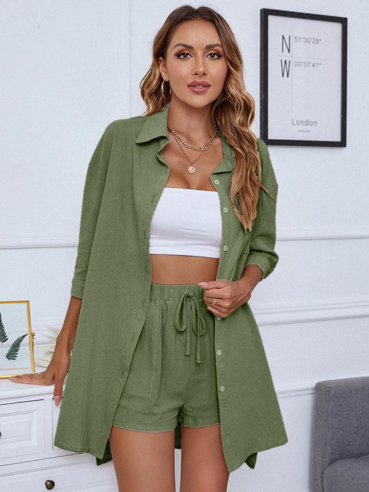 INAWLY Não Trespassado Ombro caído Camisa & Conjunto de Bermudas
