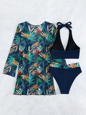 SHEIN Swim Conjunto De Bikini Com Estampa Tropical E Quimono Combinando, Praia De Verão