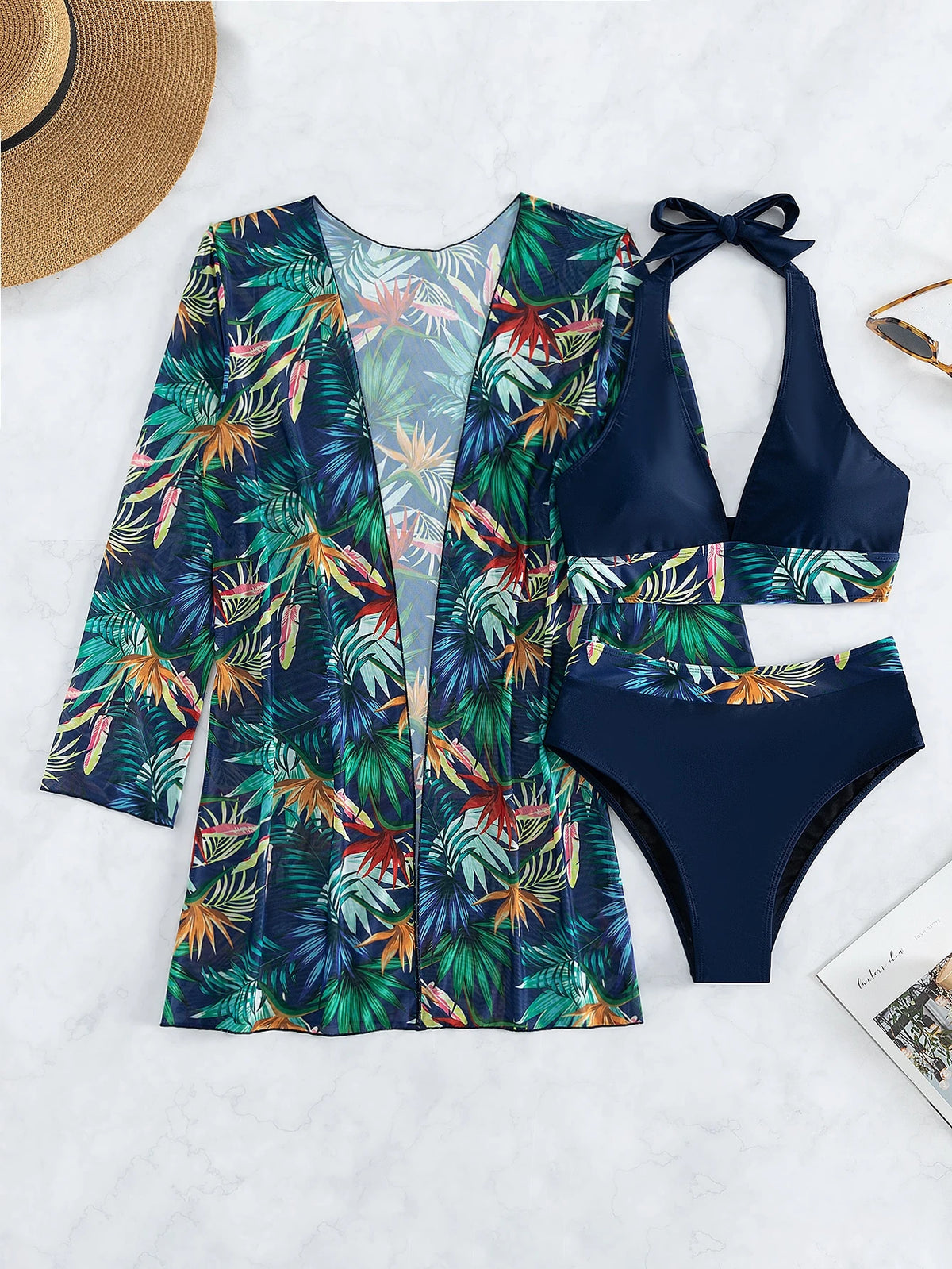 SHEIN Swim Conjunto De Bikini Com Estampa Tropical E Quimono Combinando, Praia De Verão