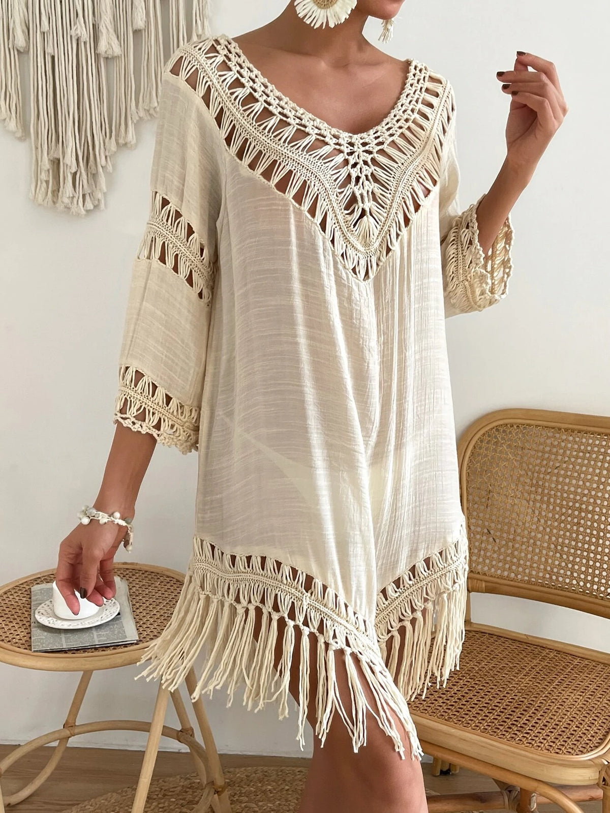 Swim Vcay Capa Tricotada Vazada Feminina, Moda Simples Casual para Férias