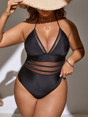 Swim SXY Plus Malha De Contraste Halter Fato De Banho De Uma Peça