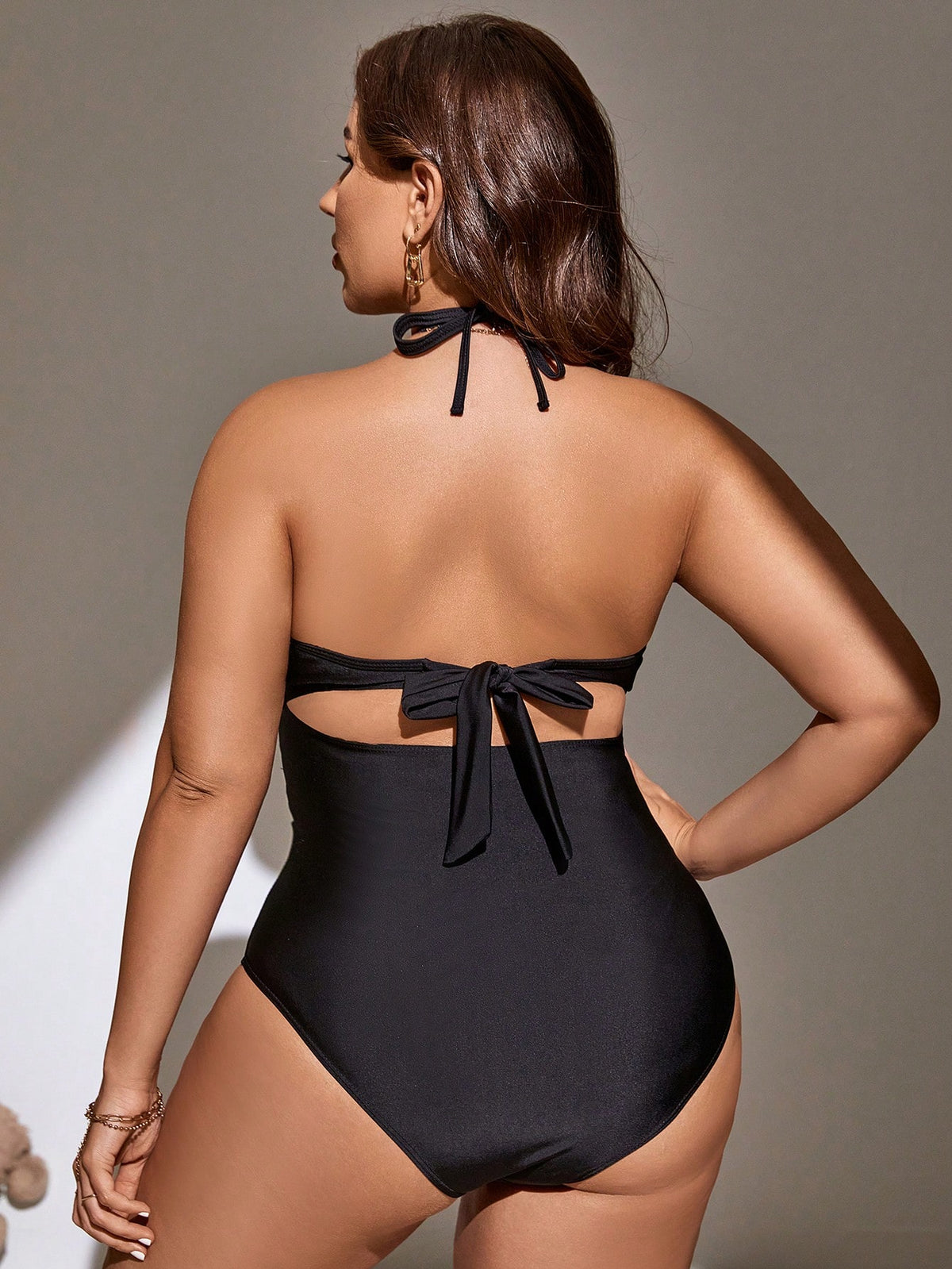 Swim SXY Plus Malha De Contraste Halter Fato De Banho De Uma Peça