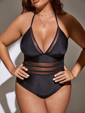 Swim SXY Plus Malha De Contraste Halter Fato De Banho De Uma Peça