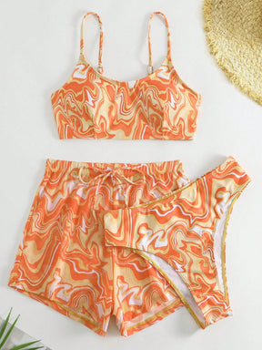 SHEIN Swim Conjunto de Maiô Bikini feminino com alças finas para o verão na Praia com Estampa de Redemoinho, impressionados aleatoriamente.