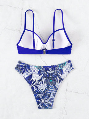 Conjunto de Maiô Bikini feminino para o verão com top sem alças cruzado à frente e Bottom de Maiô Bikini imprimido com plantas tropicais, roupa de banho, impressão aleatória