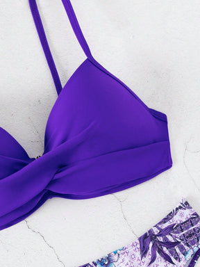 Conjunto de Maiô Bikini feminino para o verão com top sem alças cruzado à frente e Bottom de Maiô Bikini imprimido com plantas tropicais, roupa de banho, impressão aleatória