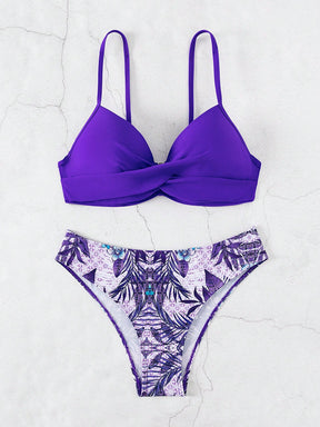 Conjunto de Maiô Bikini feminino para o verão com top sem alças cruzado à frente e Bottom de Maiô Bikini imprimido com plantas tropicais, roupa de banho, impressão aleatória